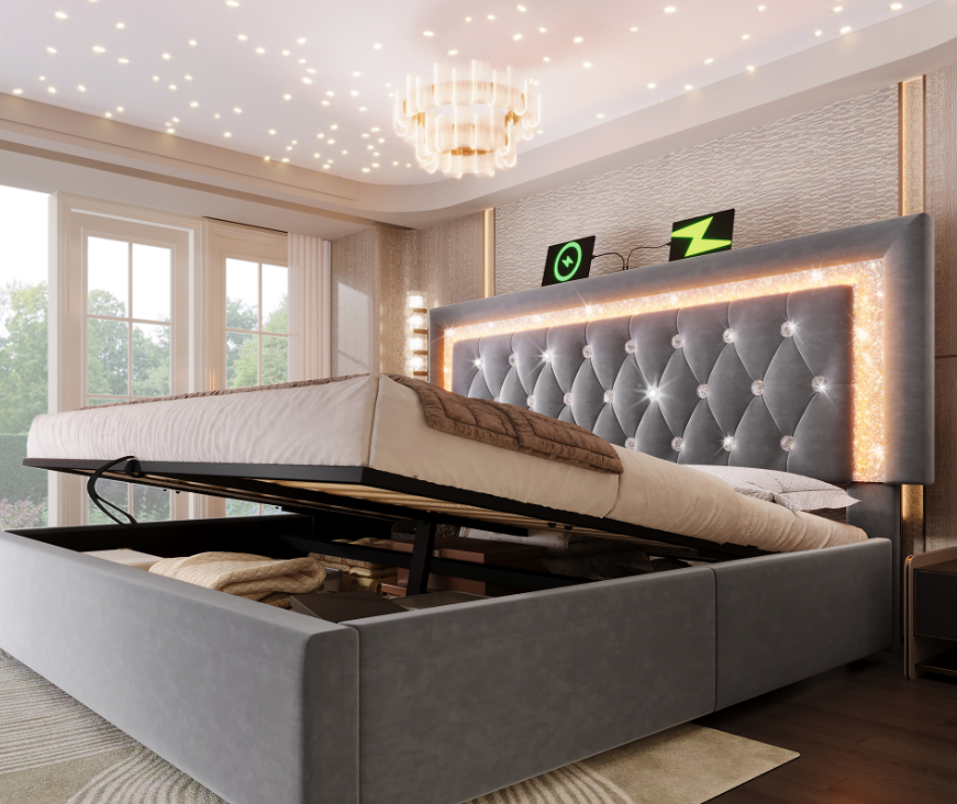 Logidon gestoffeerd bed 160x200 cm grijs met LED diamantband en USB