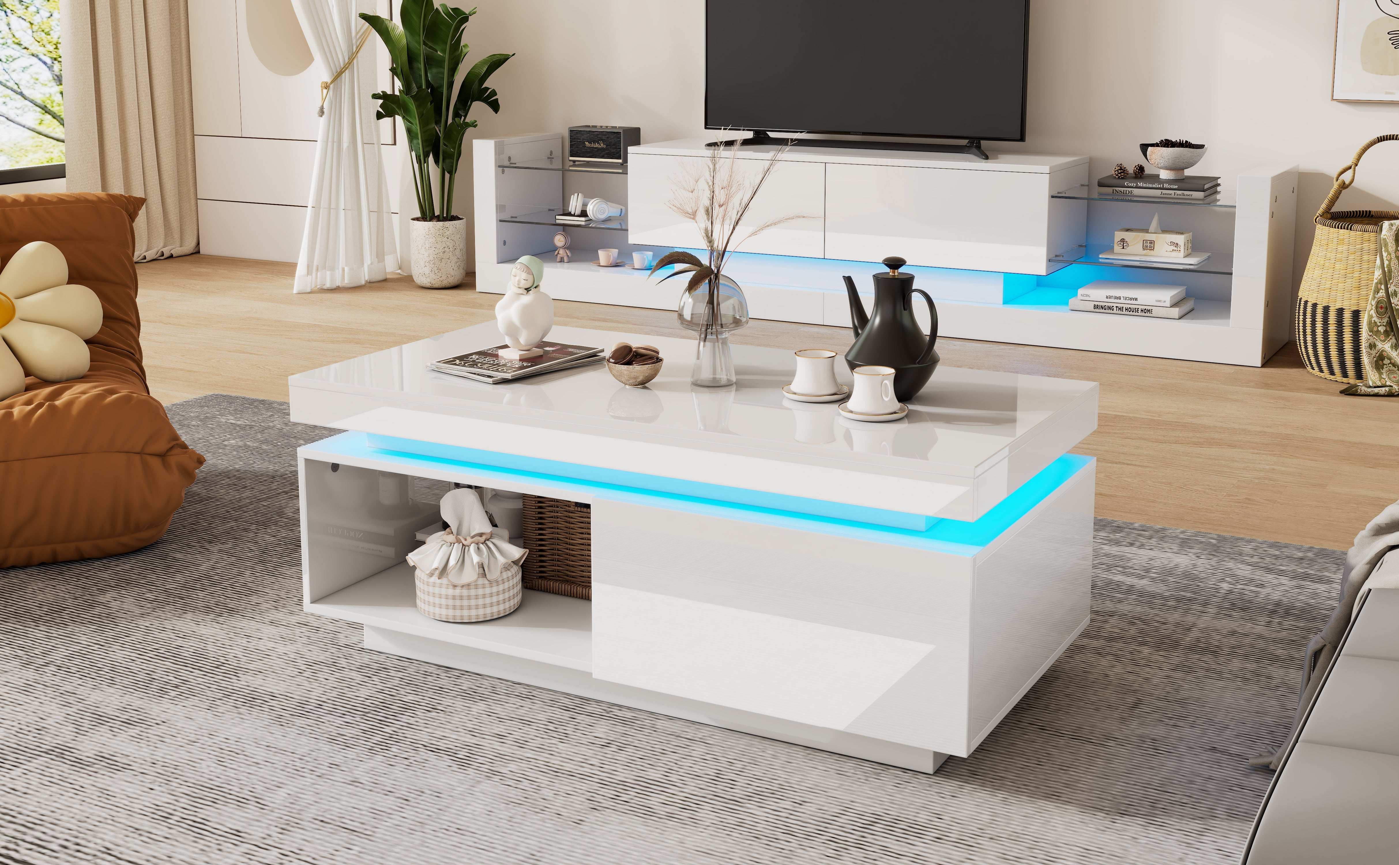 Logidon hoogglans witte salontafel met LED verlichting 100x50x40,3 cm