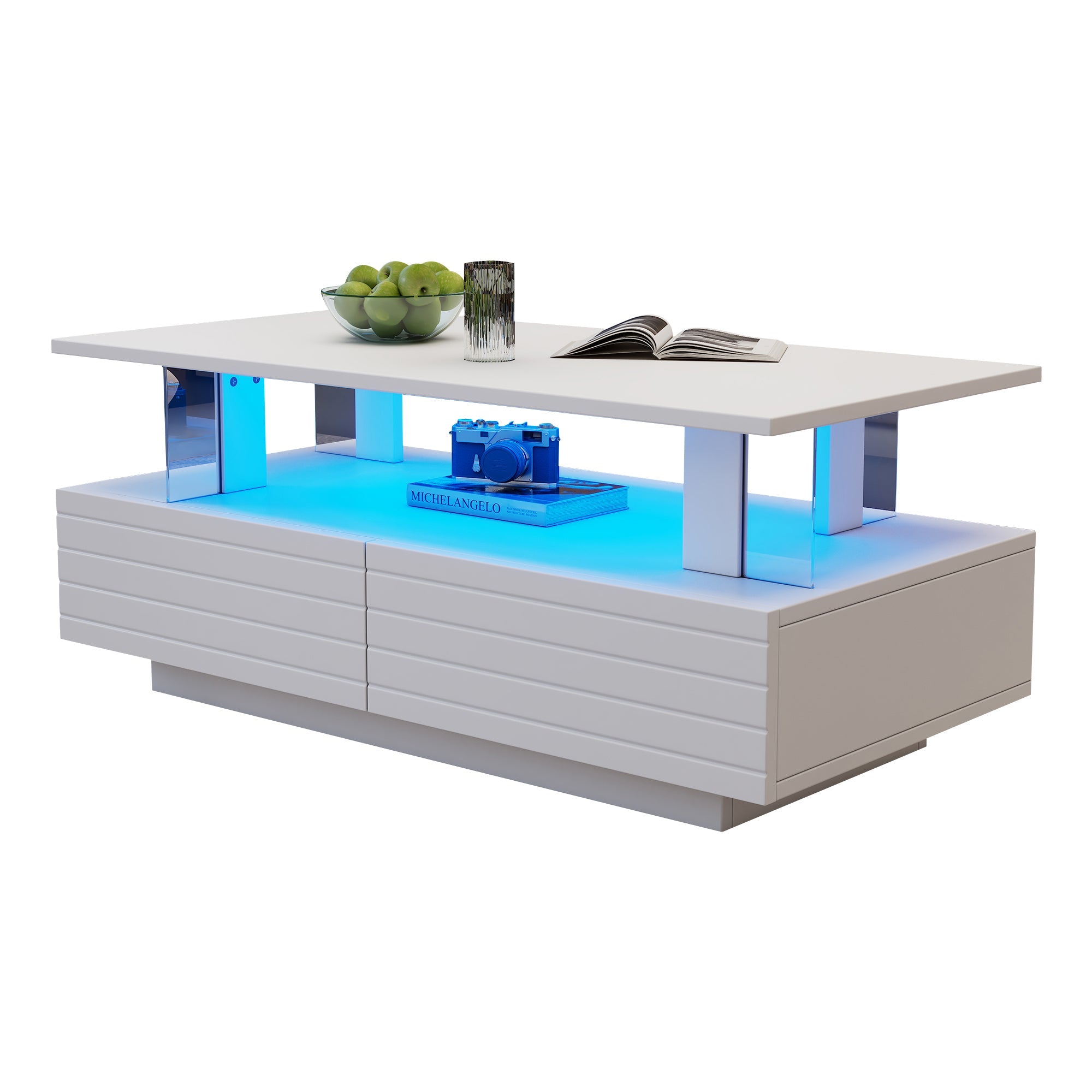 Logidon Witte LED Salontafel met Opbergruimte Bluetooth App Bediening 100x50x42 Cm