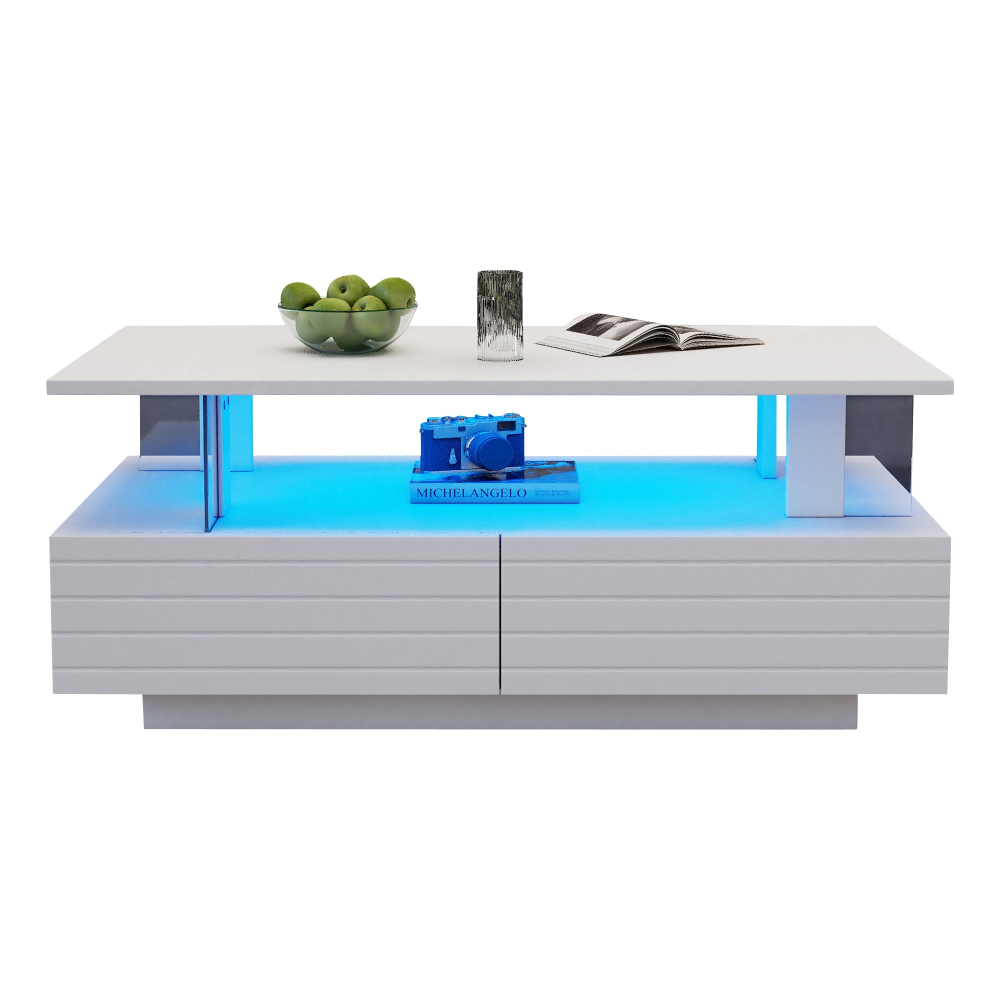Logidon Witte LED Salontafel met Opbergruimte Bluetooth App Bediening 100x50x42 Cm