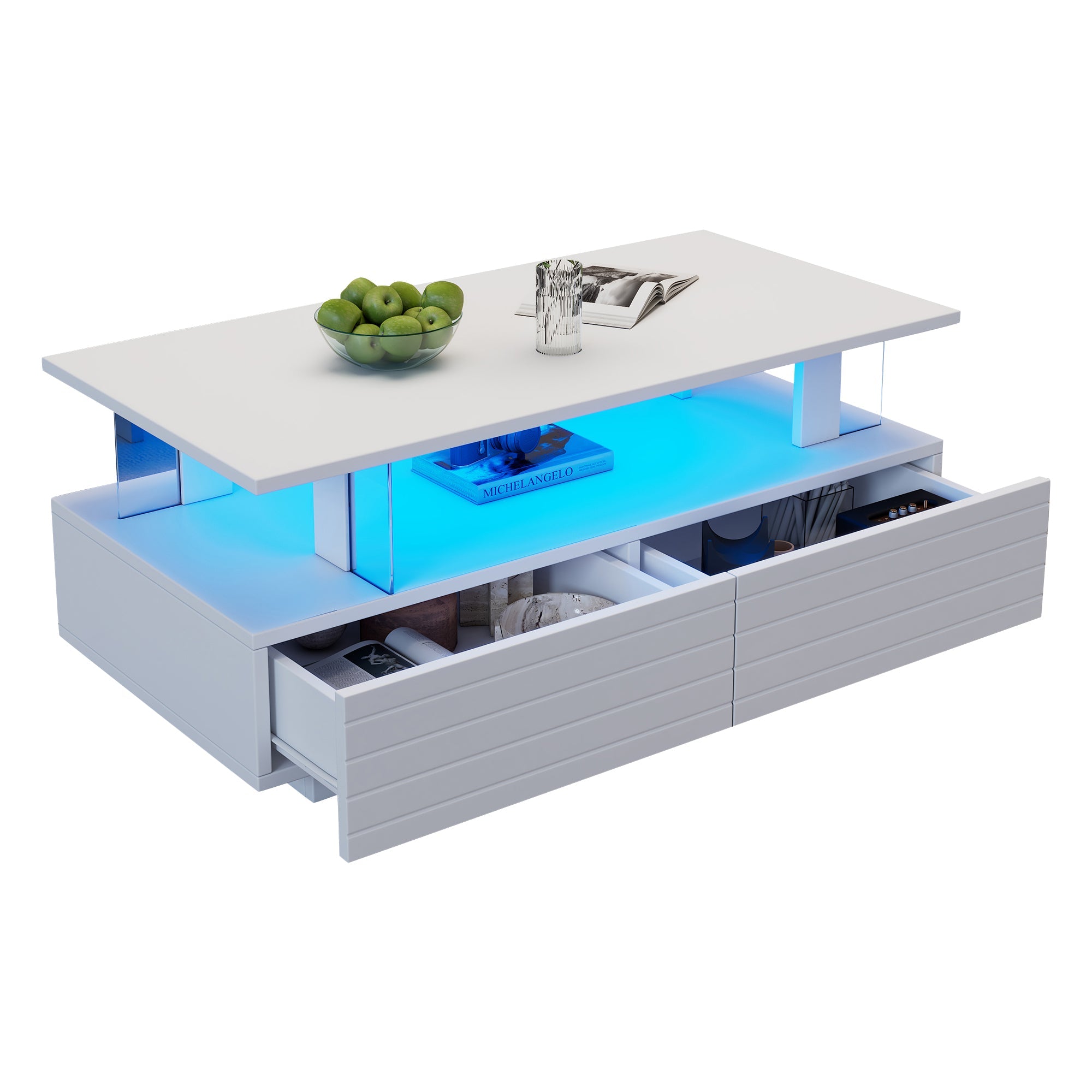Logidon Witte LED Salontafel met Opbergruimte Bluetooth App Bediening 100x50x42 Cm