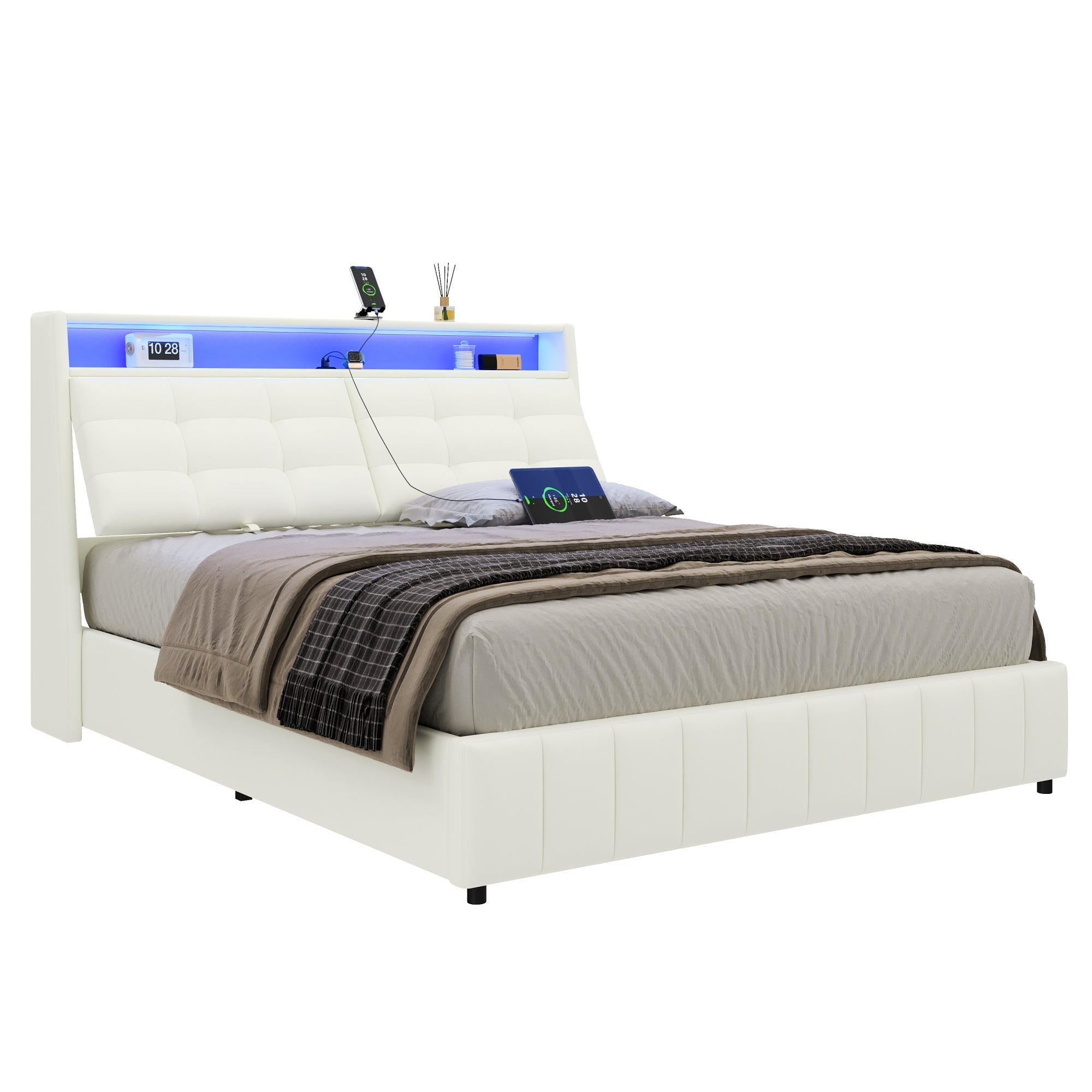 Logidon gewatteerd platformbed 160x200 met LED-licht en USB wit