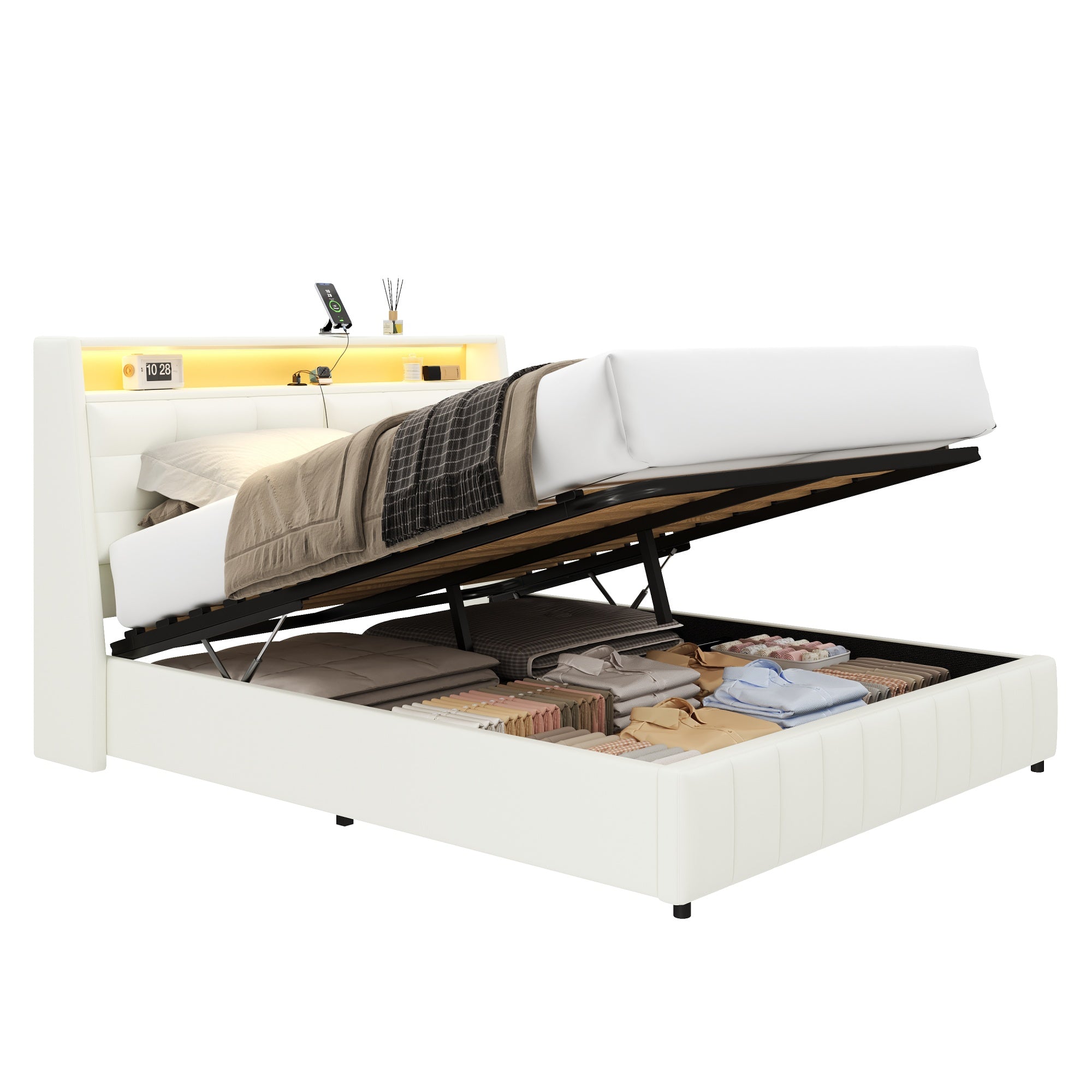 Logidon gewatteerd platformbed 160x200 met LED-licht en USB wit