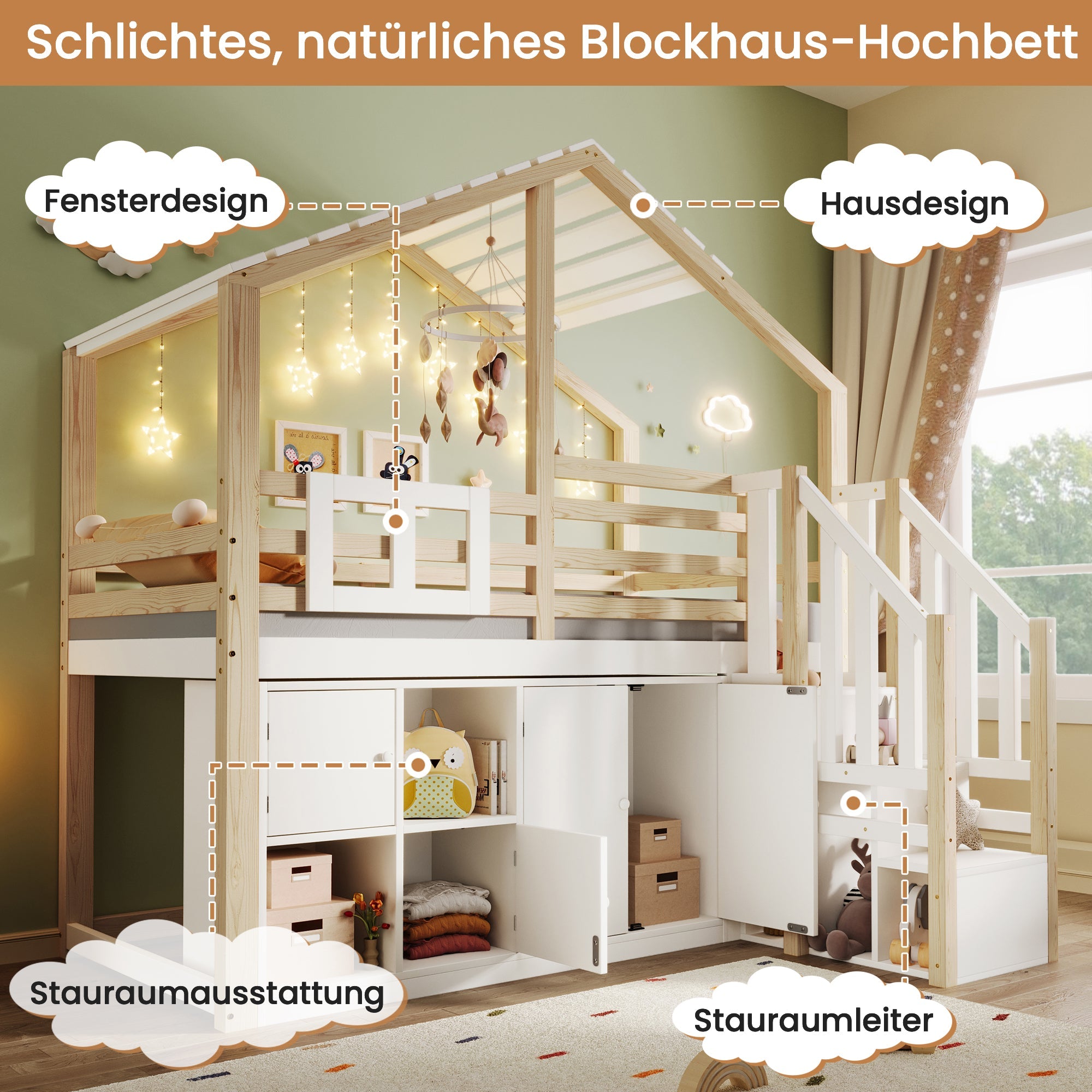 Logidon hoogslaper 90x200 cm huisvorm met opbergruimte wit en naturel
