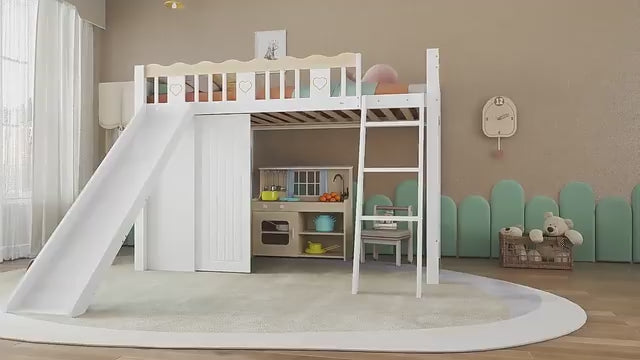 Video laden: Logidon hoogslaper 90x200 cm met glijbaan en kledingkast wit naturel