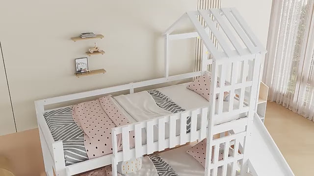 Video laden: Logidon stapelbed met glijbaan en grote lade 90x200 wit