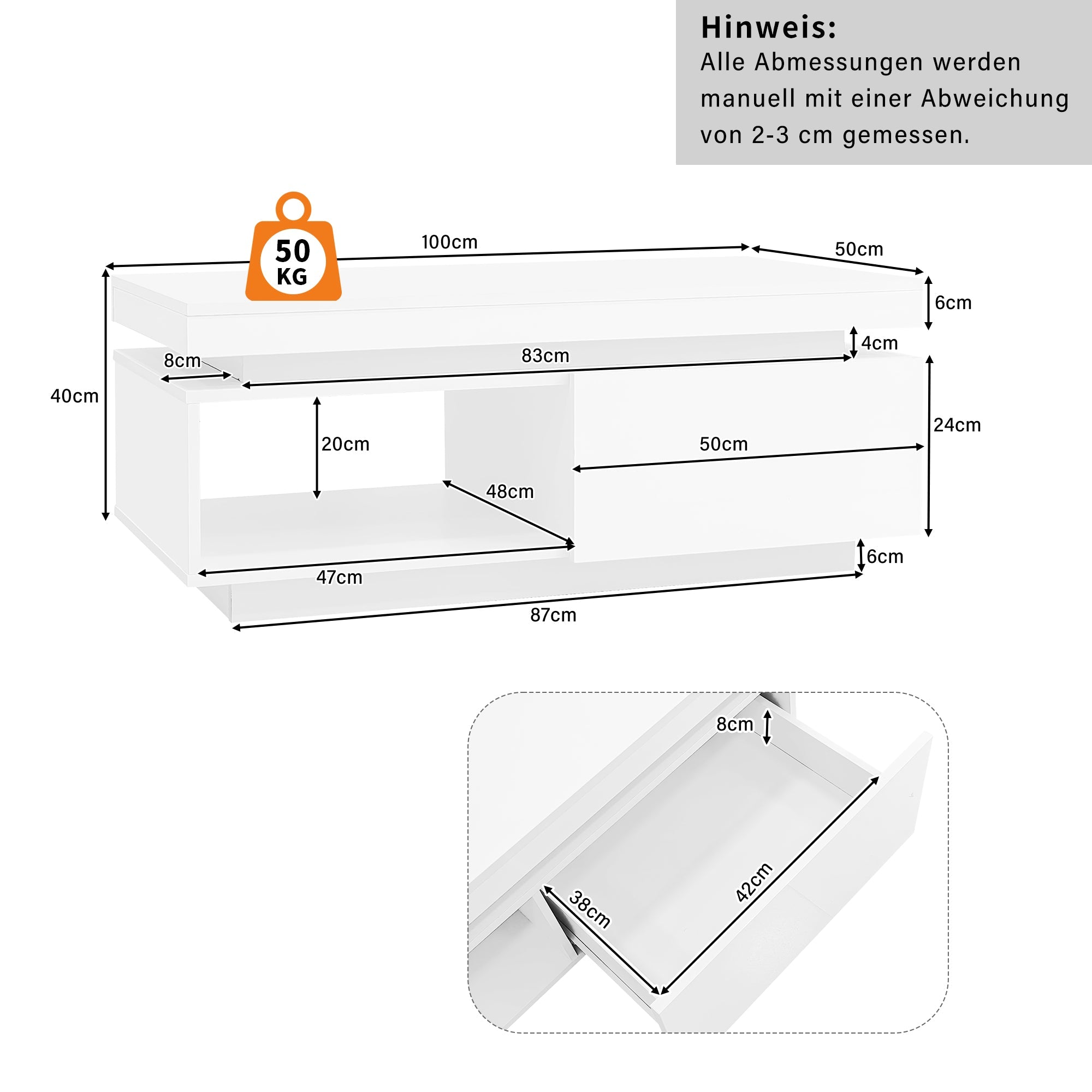 Logidon hoogglans witte salontafel met LED verlichting 100x50x40,3 cm