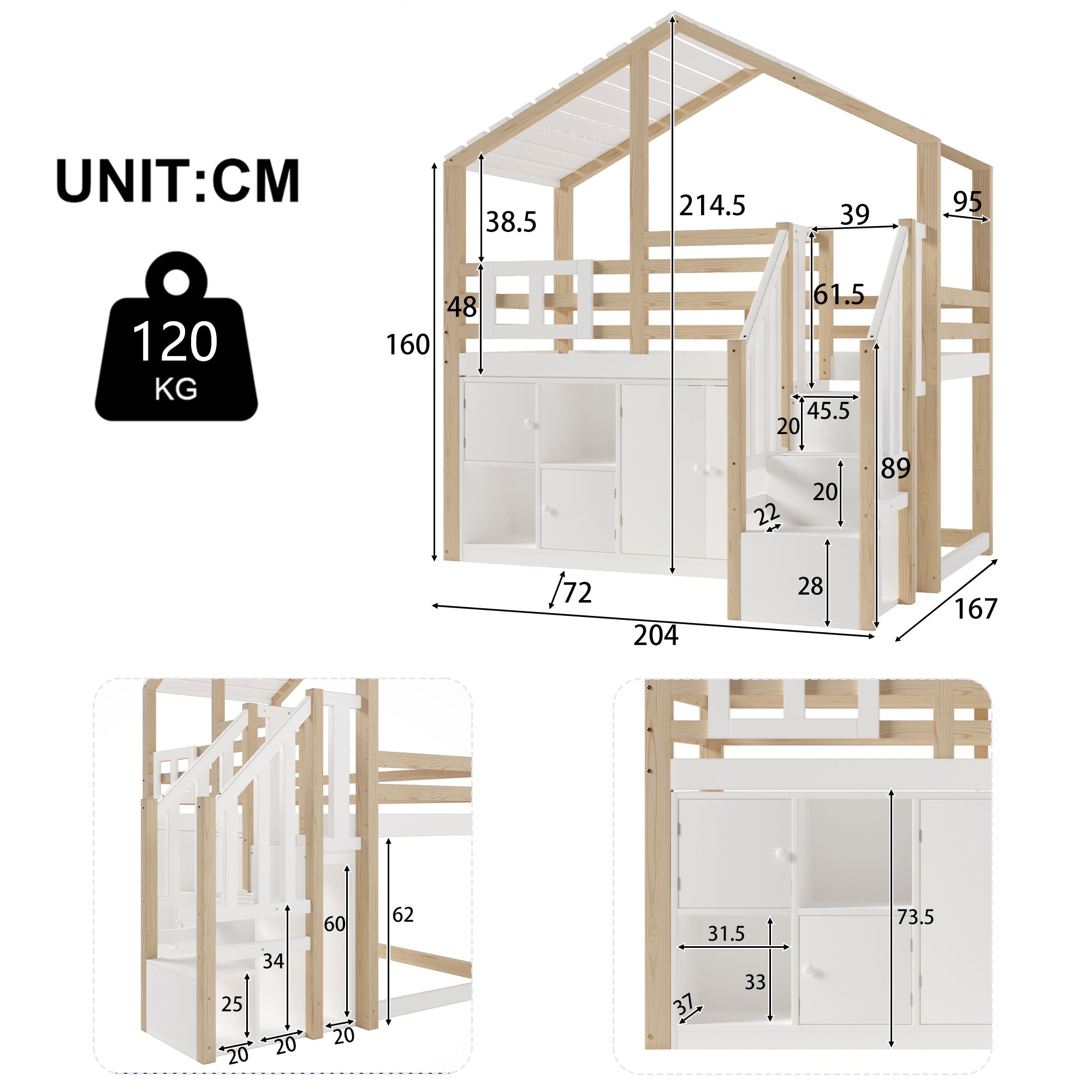 Logidon hoogslaper 90x200 cm huisvorm met opbergruimte wit en naturel