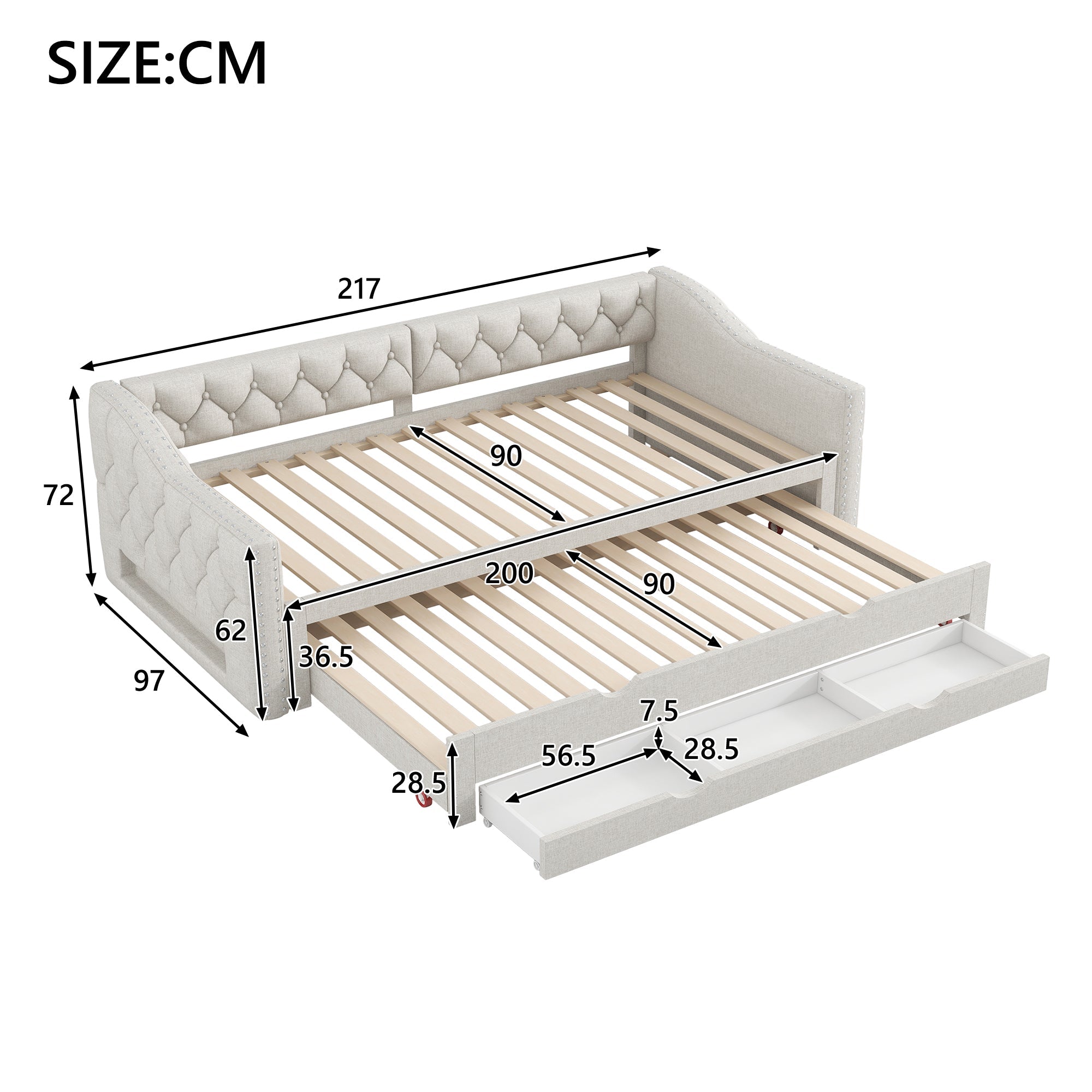 Logidon 90x200 gestoffeerd dagbed met LED-licht uitschuifbaar bed beige