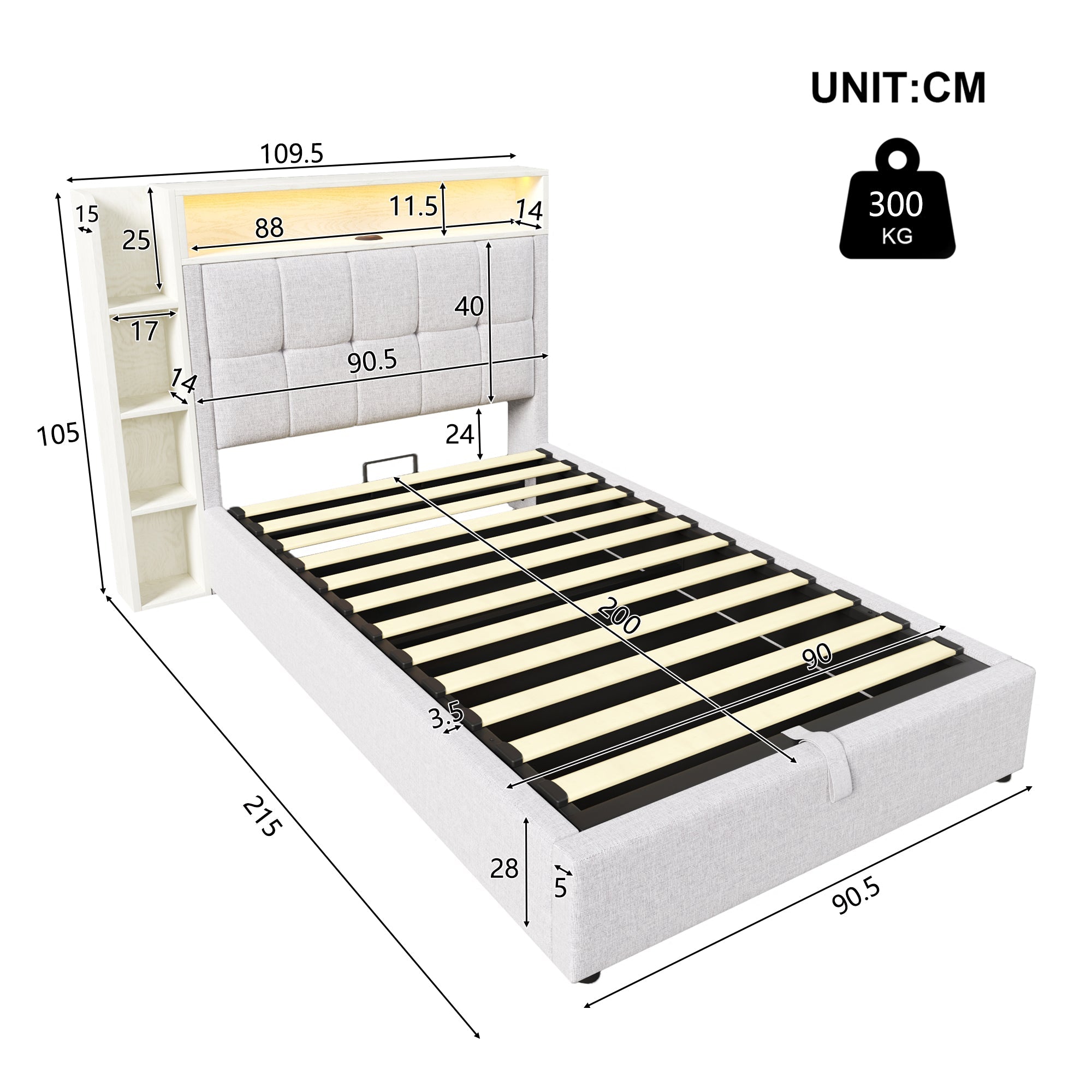 Logidon gestoffeerd bed 90x200 cm beige USB C oplaadfunctie opbergruimte