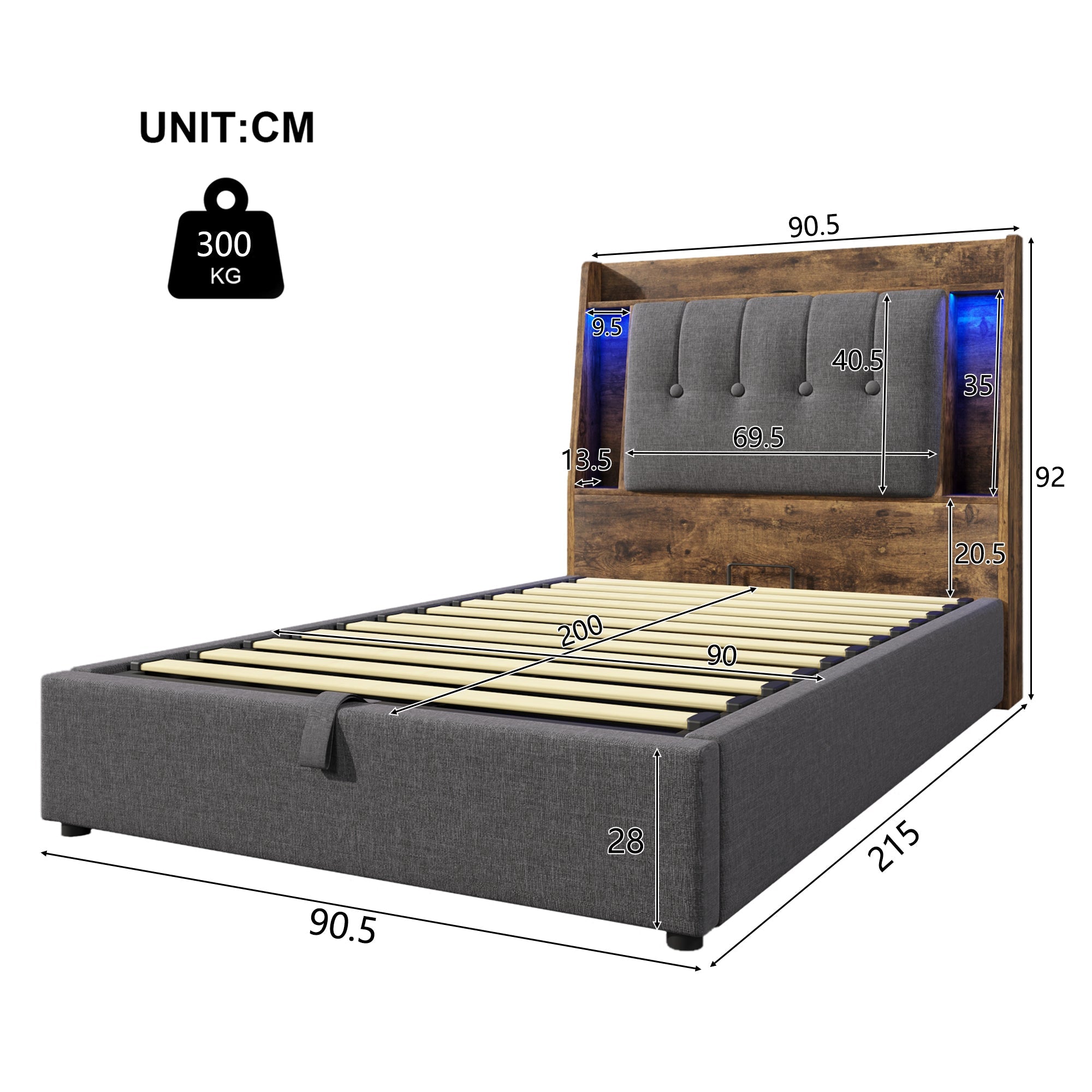 Logidon gestoffeerd bed 90x200 grijs met USB TypeC oplaadfunctie