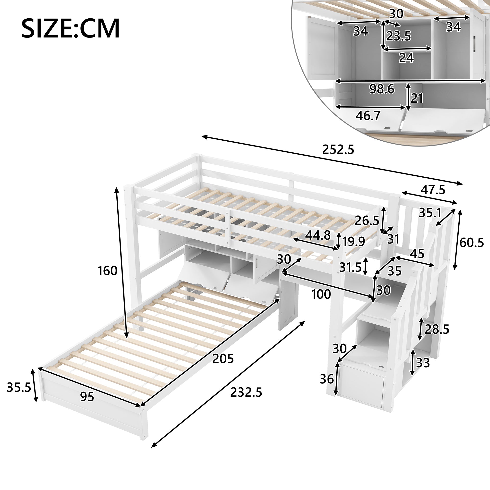 Logidon hoogslaper 90x200 cm met bureau en trap wit
