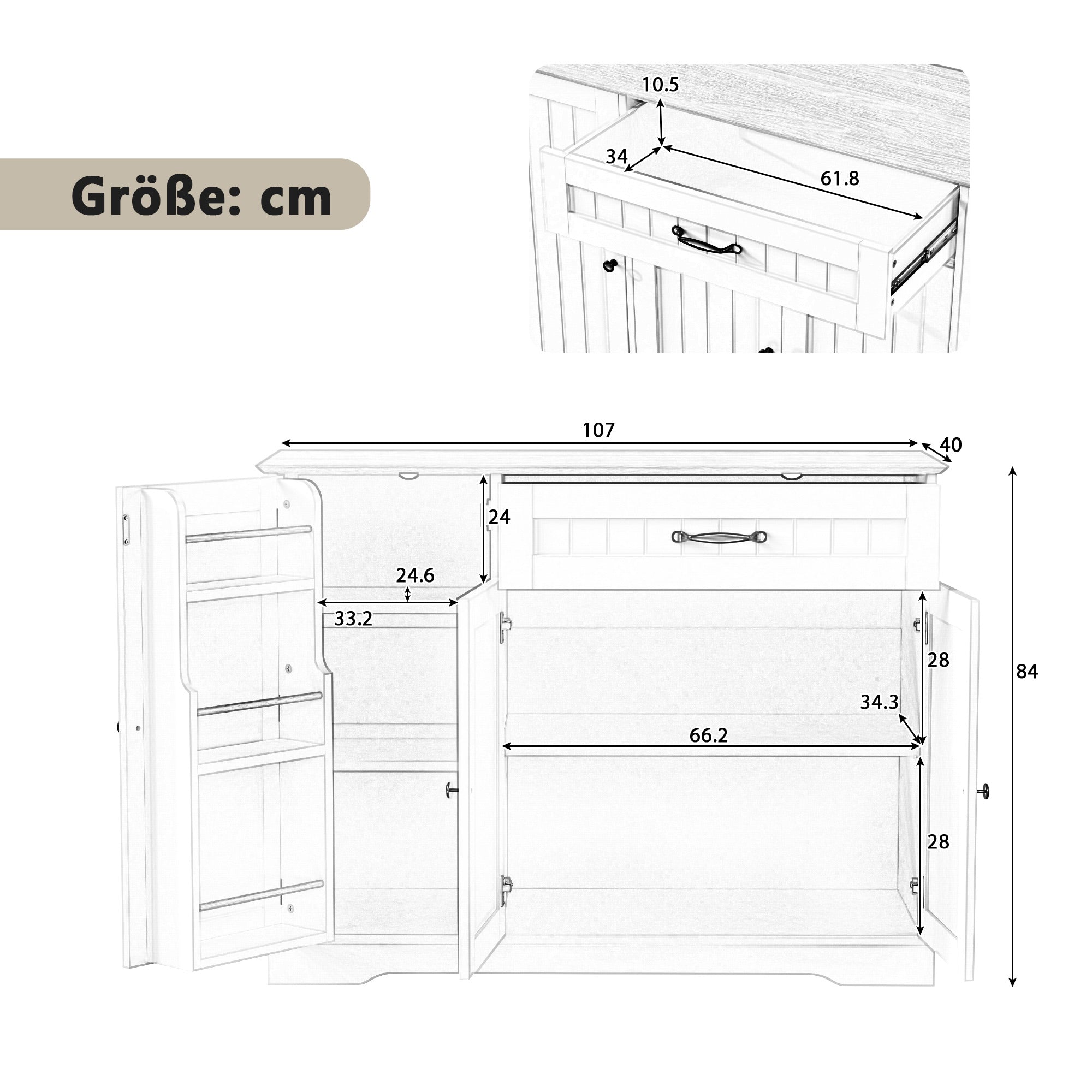 Logidon dressoir wit - 3 deuren, 1 lade, moderne buffetkast 107 cm