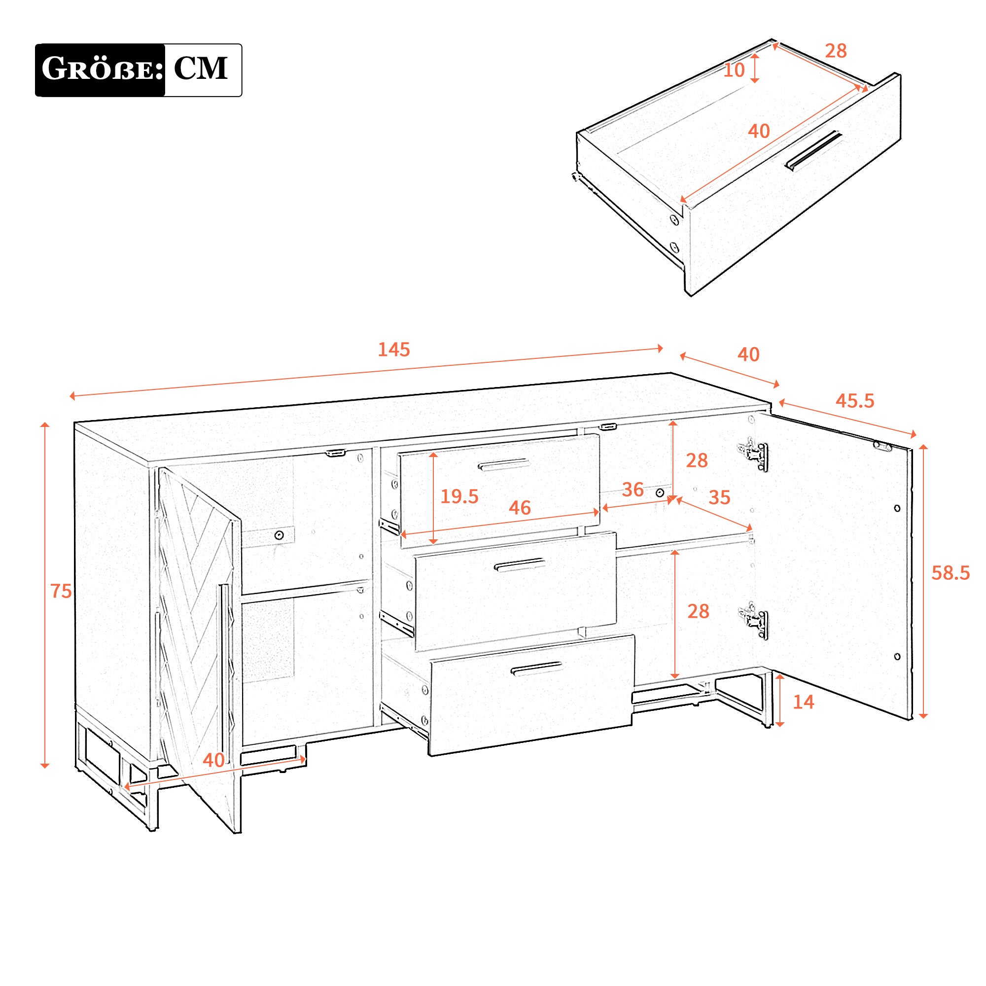 Logidon dressoir wit visgraatpatroon 145x40x75 cm 3 lades