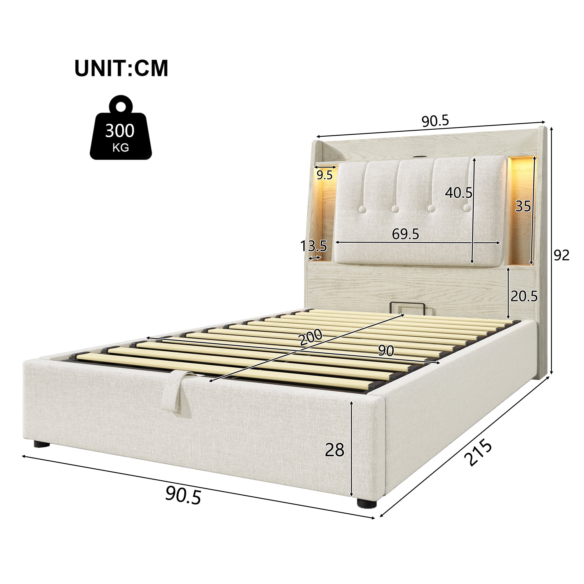 Logidon gestoffeerd bed 90x200 beige linnenlook USB C oplaadfunctie LED