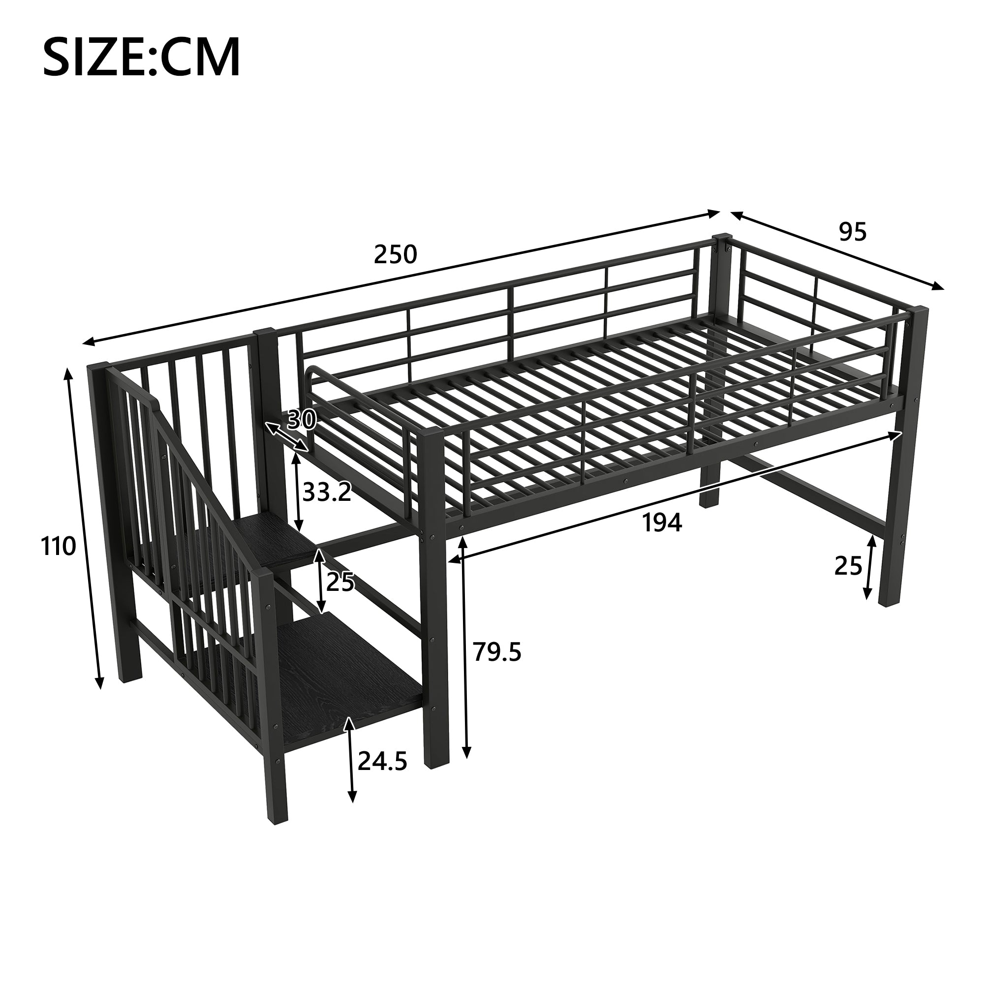 Logidon halfhoge hoogslaper 90 x 200 met opbergtrap zwart