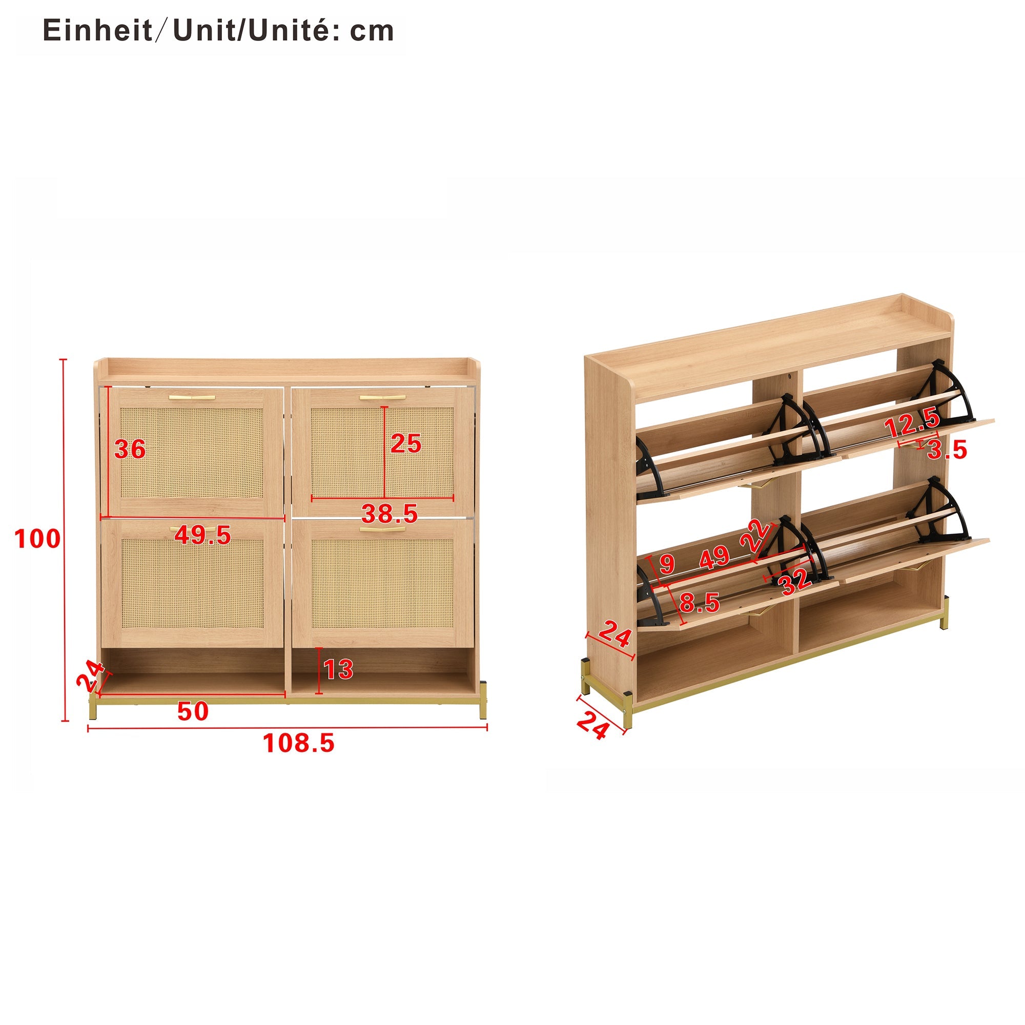 Logidon Elegante Schoenenkast Hout Met Rotan Deuren 4 Deurs Eik
