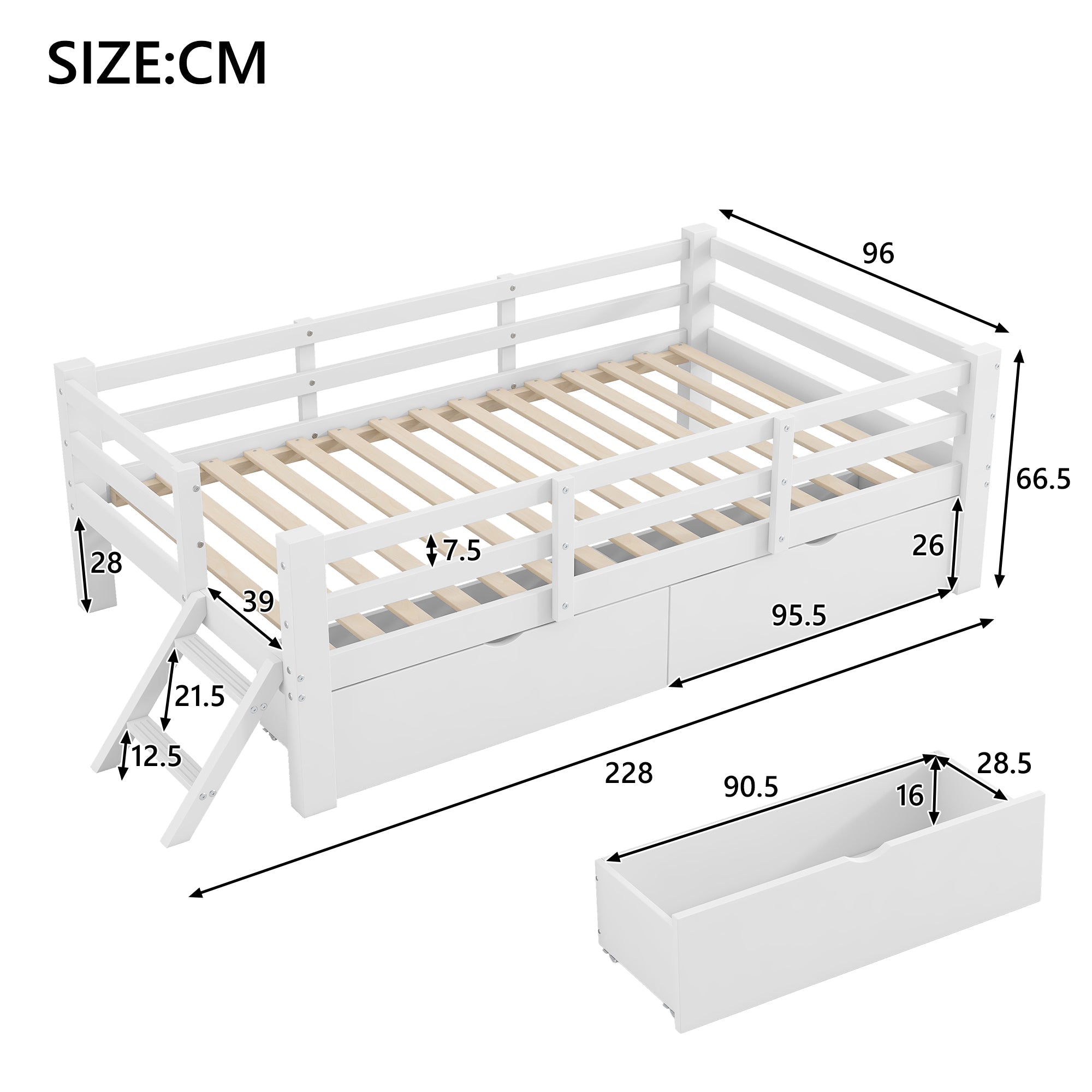 Logidon 90x200 houten platformbedleuning 2 laden wit