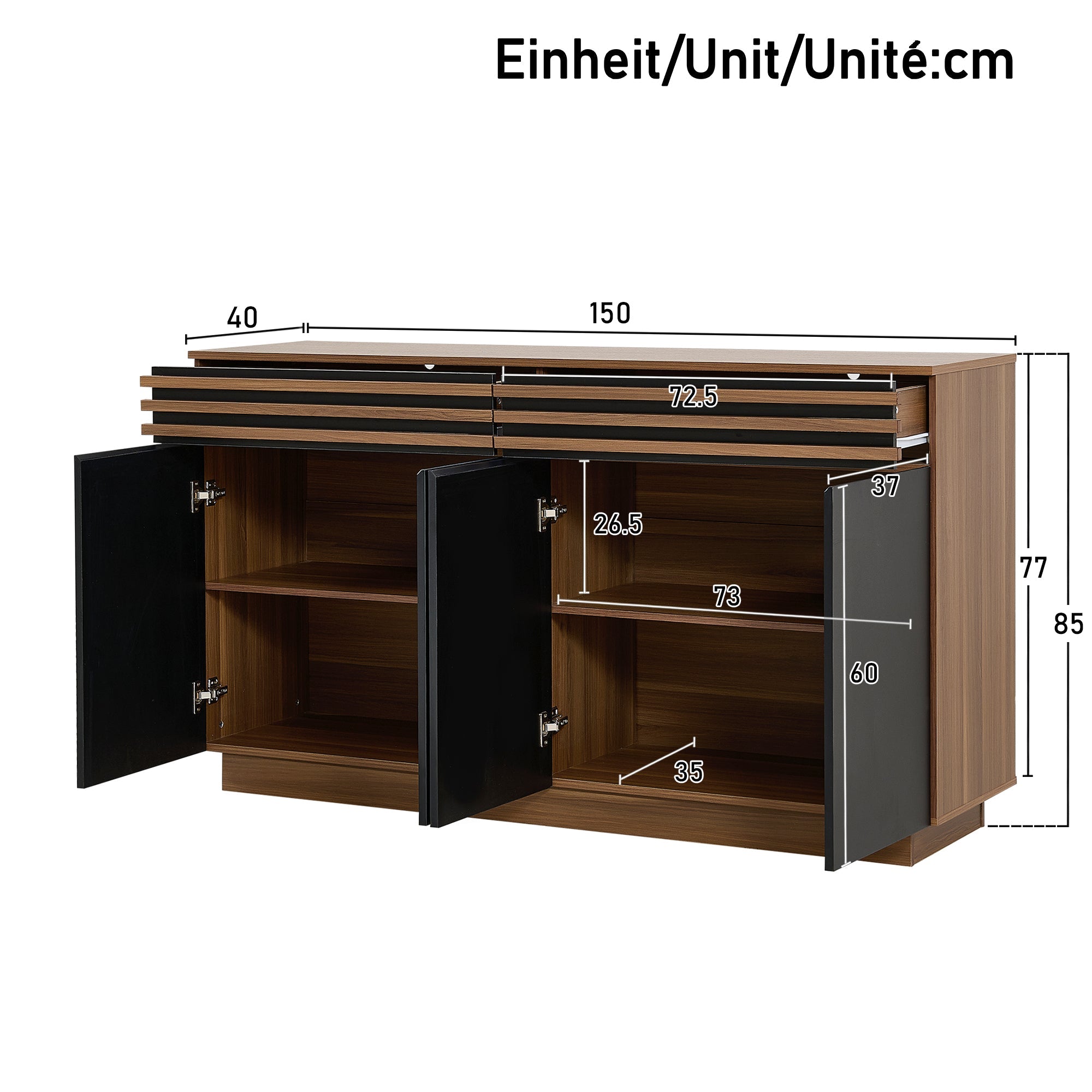 Logidon Modern dressoir 150 x 40 x 85 cm houtlook zwarte deuren
