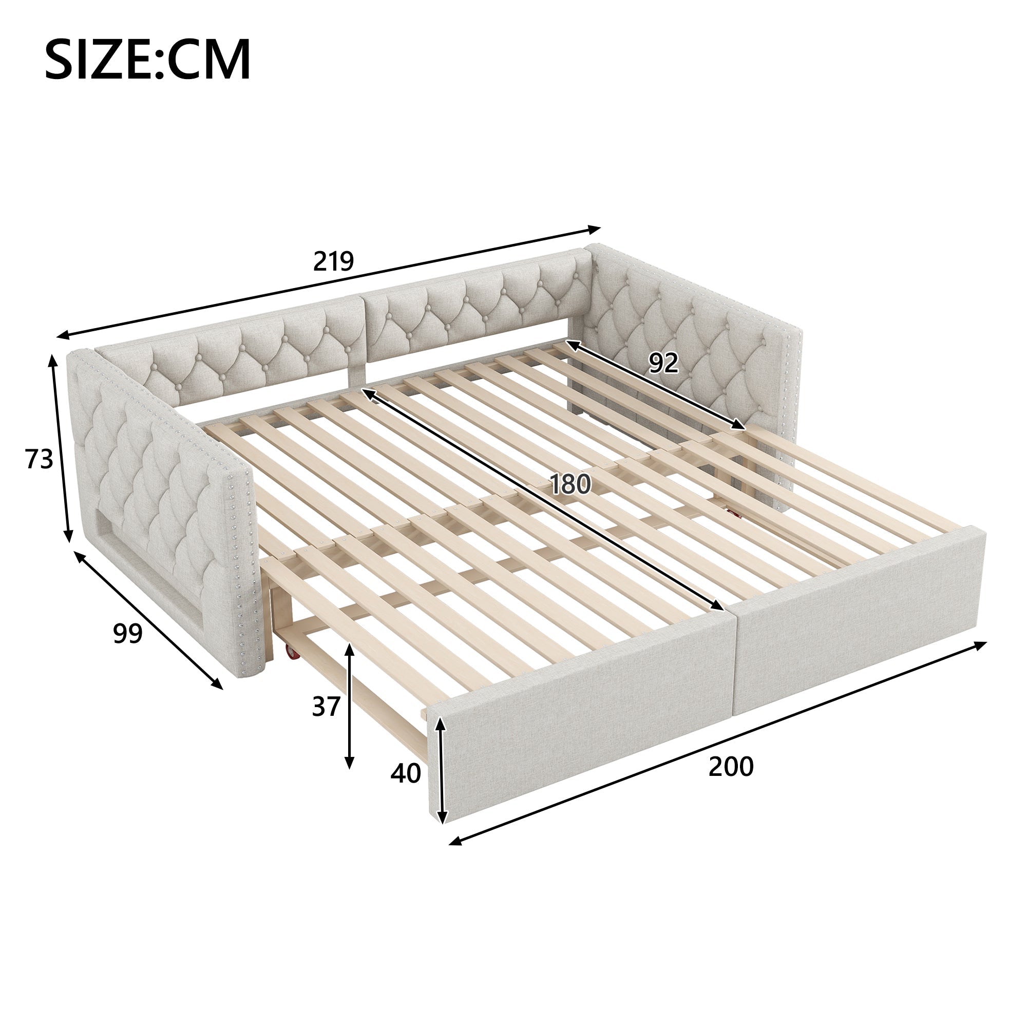 Logidon uitschuifbaar dagbed 90x200 tot 180x200 beige met LED
