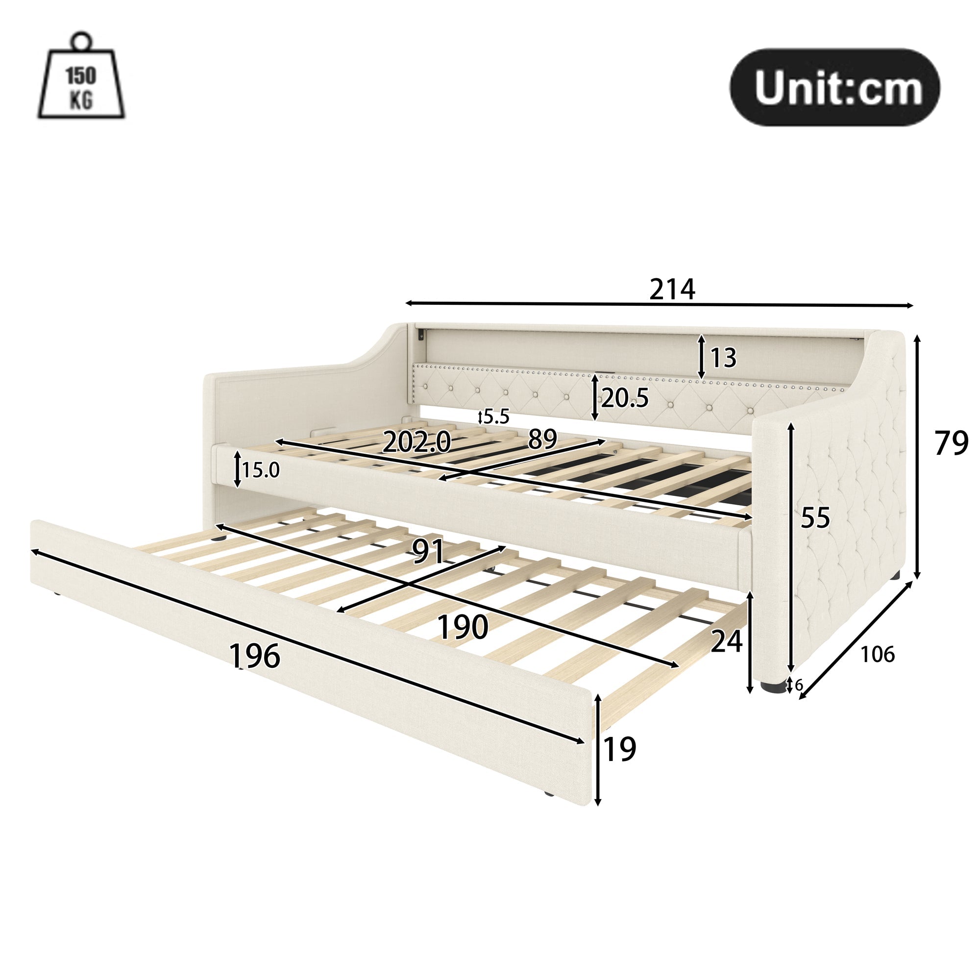 Logidon Daybed 90x200 beige linnen slaapbank LED USB lattenbodem