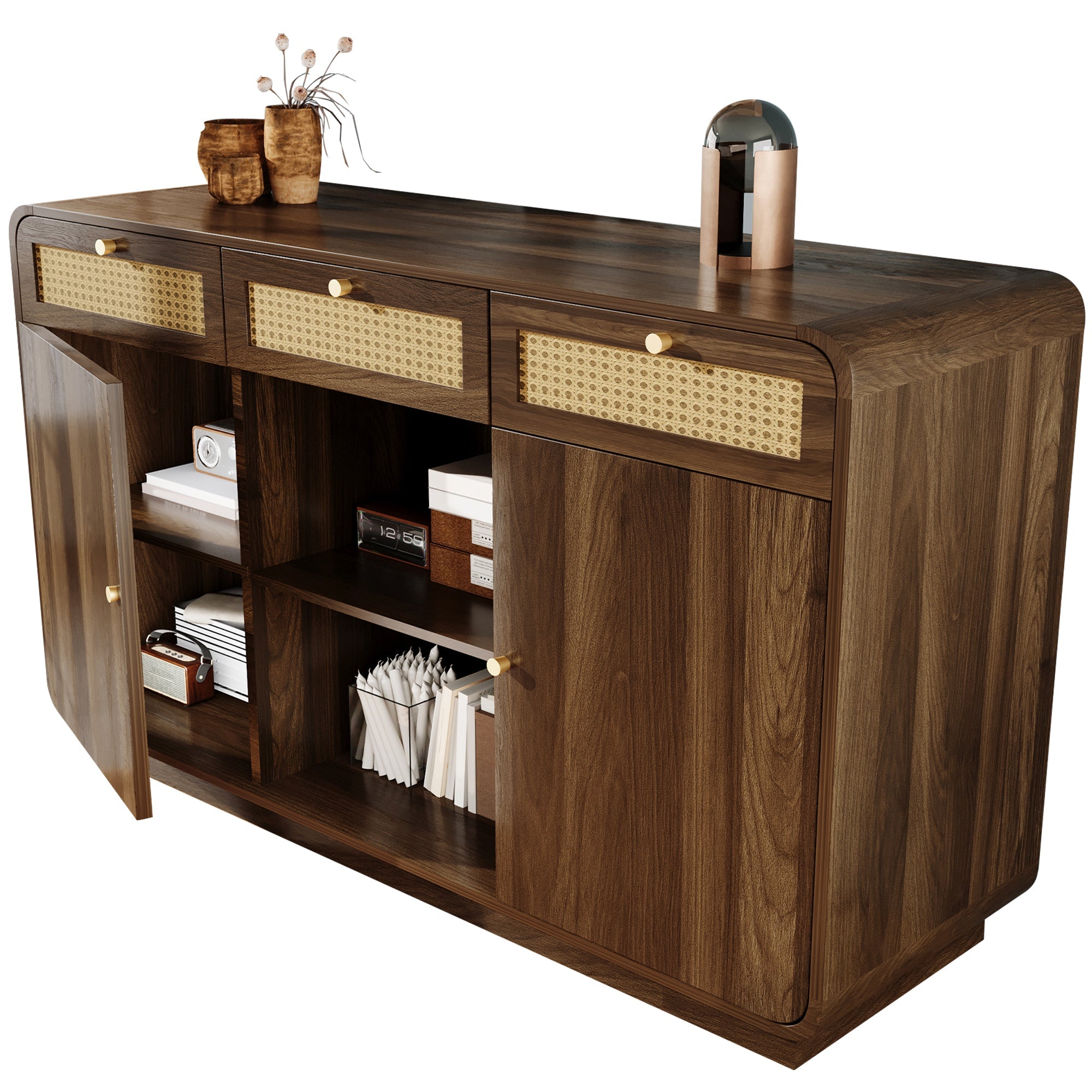 Logidon sideboard 120 cm walnut with rattan and gold handles