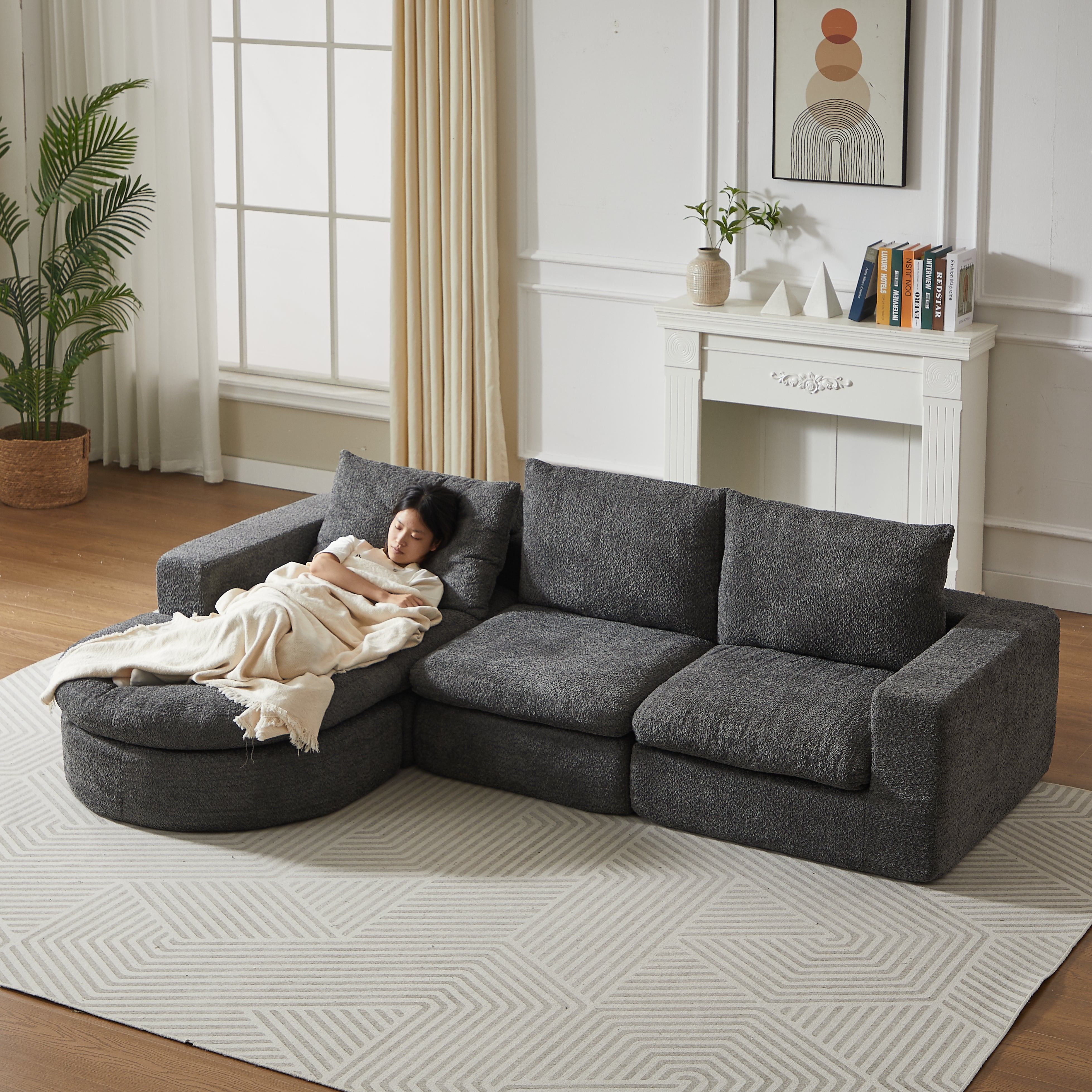 Logidon Chenille Bank met Loungebank en Ligpositie Grijs Fluweel