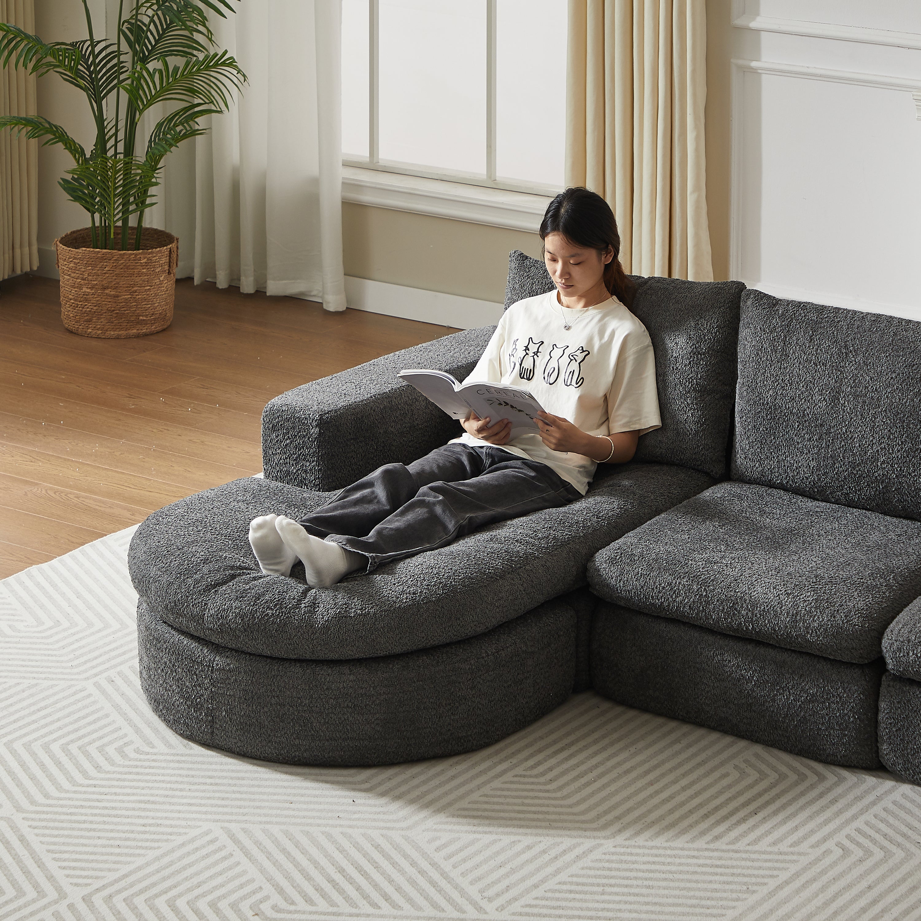 Logidon Chenille Bank met Loungebank en Ligpositie Grijs Fluweel