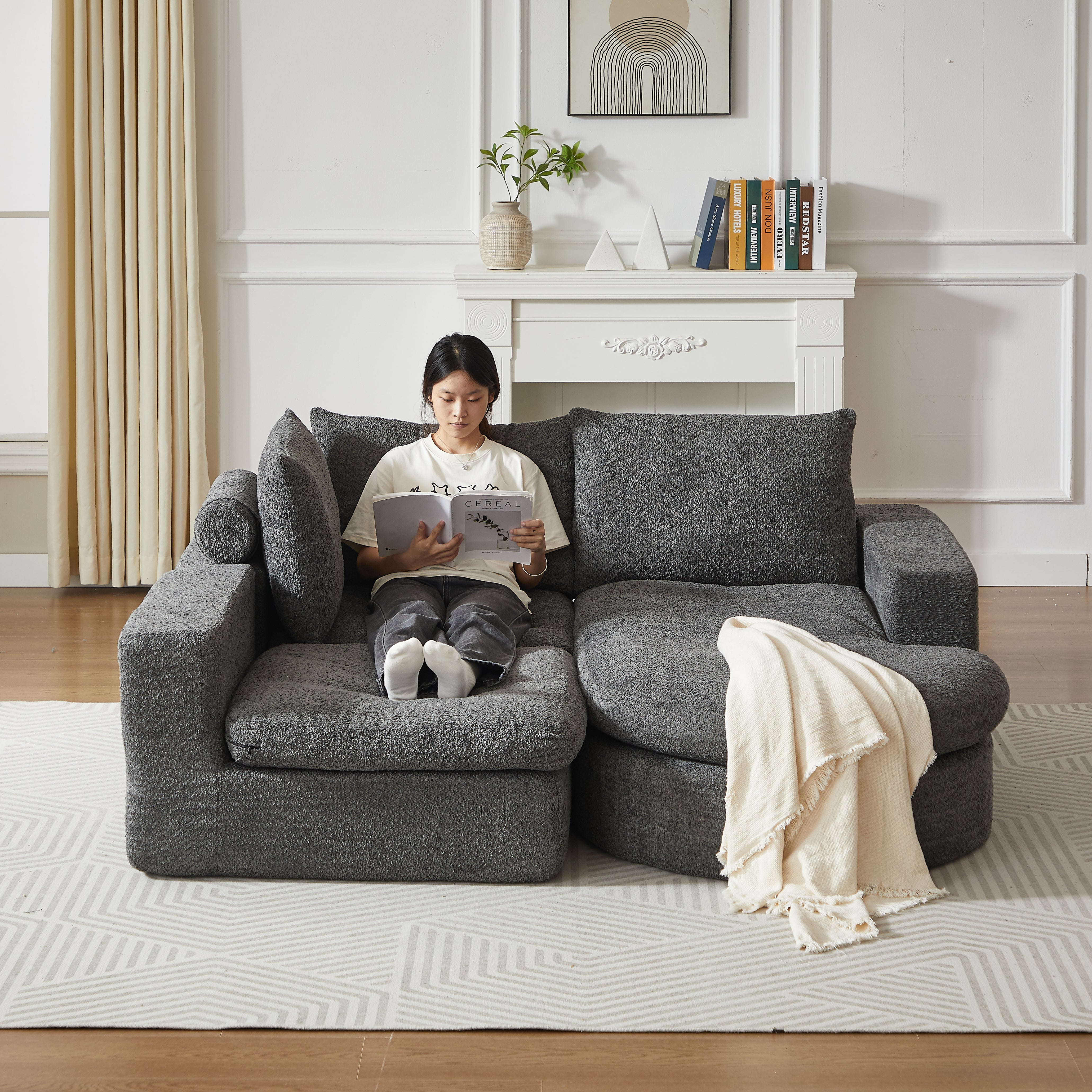 Logidon Chenille Bank met Loungebank en Ligpositie Grijs Fluweel