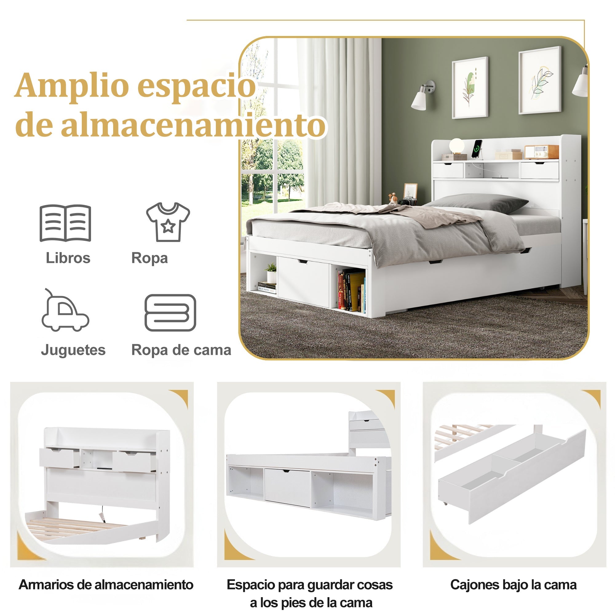 Logidon bed 135x190 cm met USB oplaadpunt en opbergruimte wit