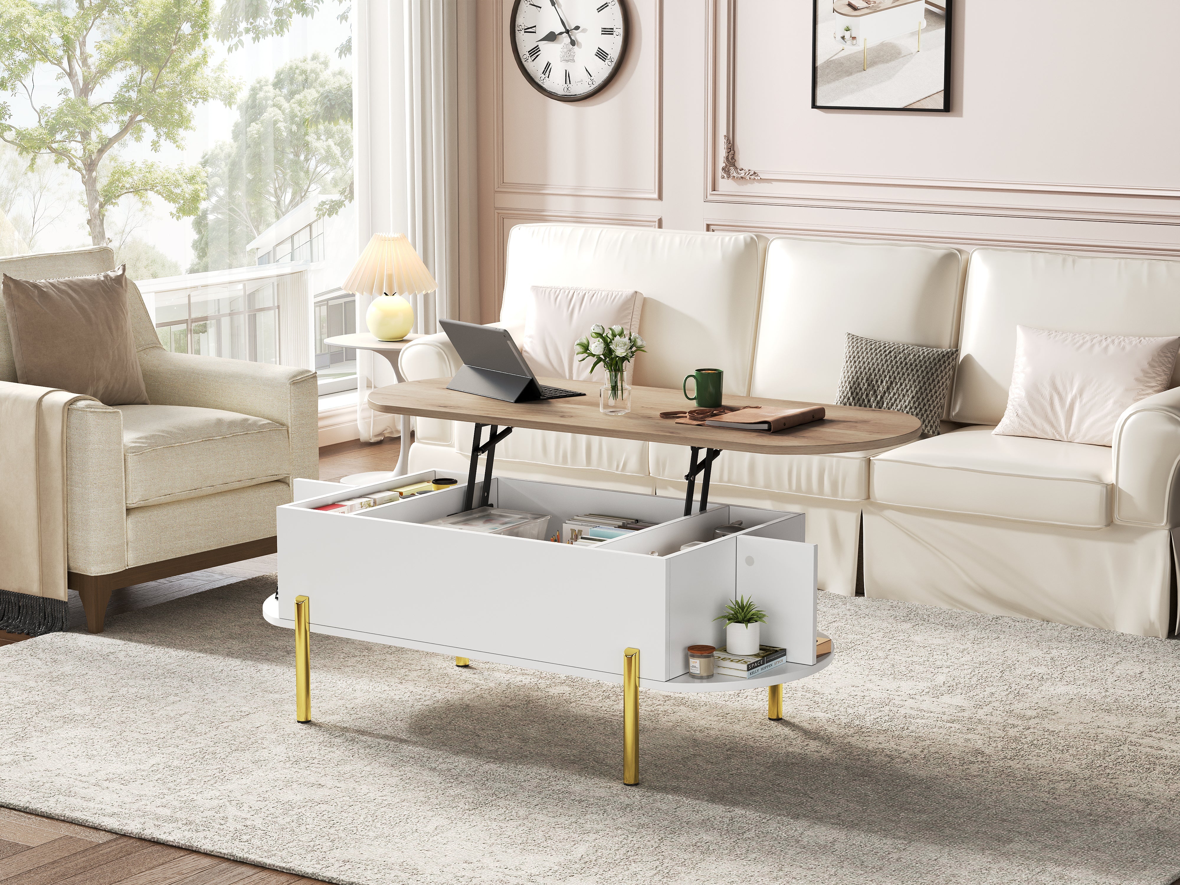 Logidon Verstelbare Salontafel 120x50x43 cm Met Opbergruimte Wit Hout