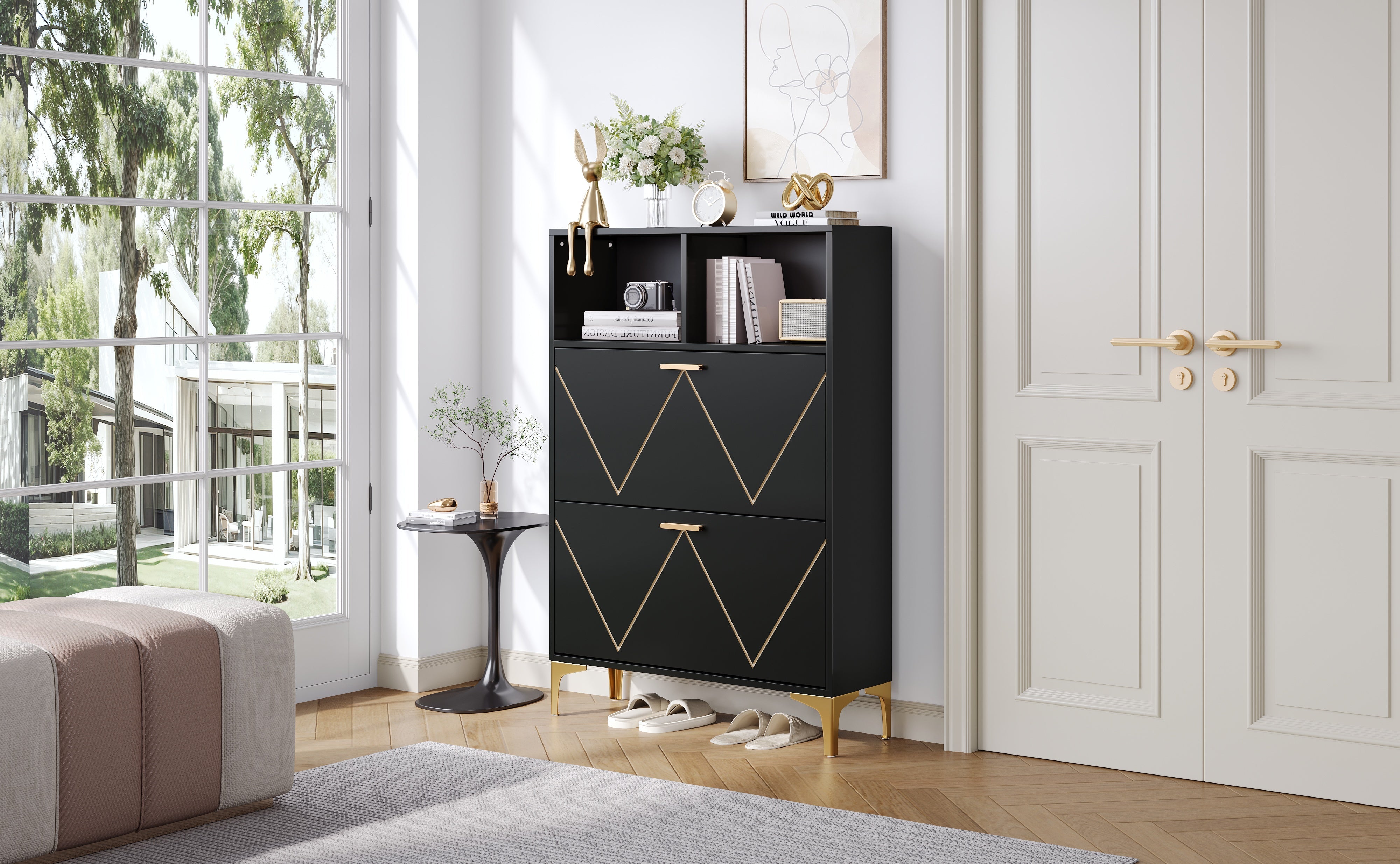 Logidon shoe cabinet 80x25x117 cm black with folding doors and four shoe shelves
