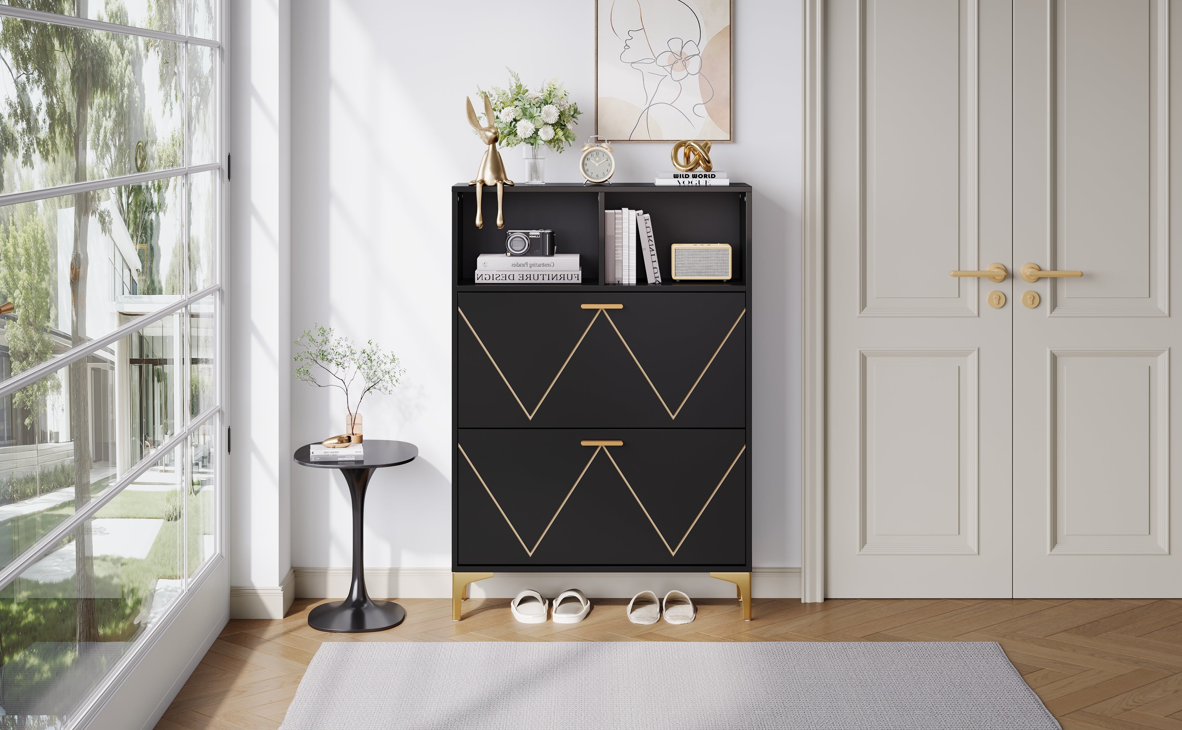 Logidon shoe cabinet 80x25x117 cm black with folding doors and four shoe shelves