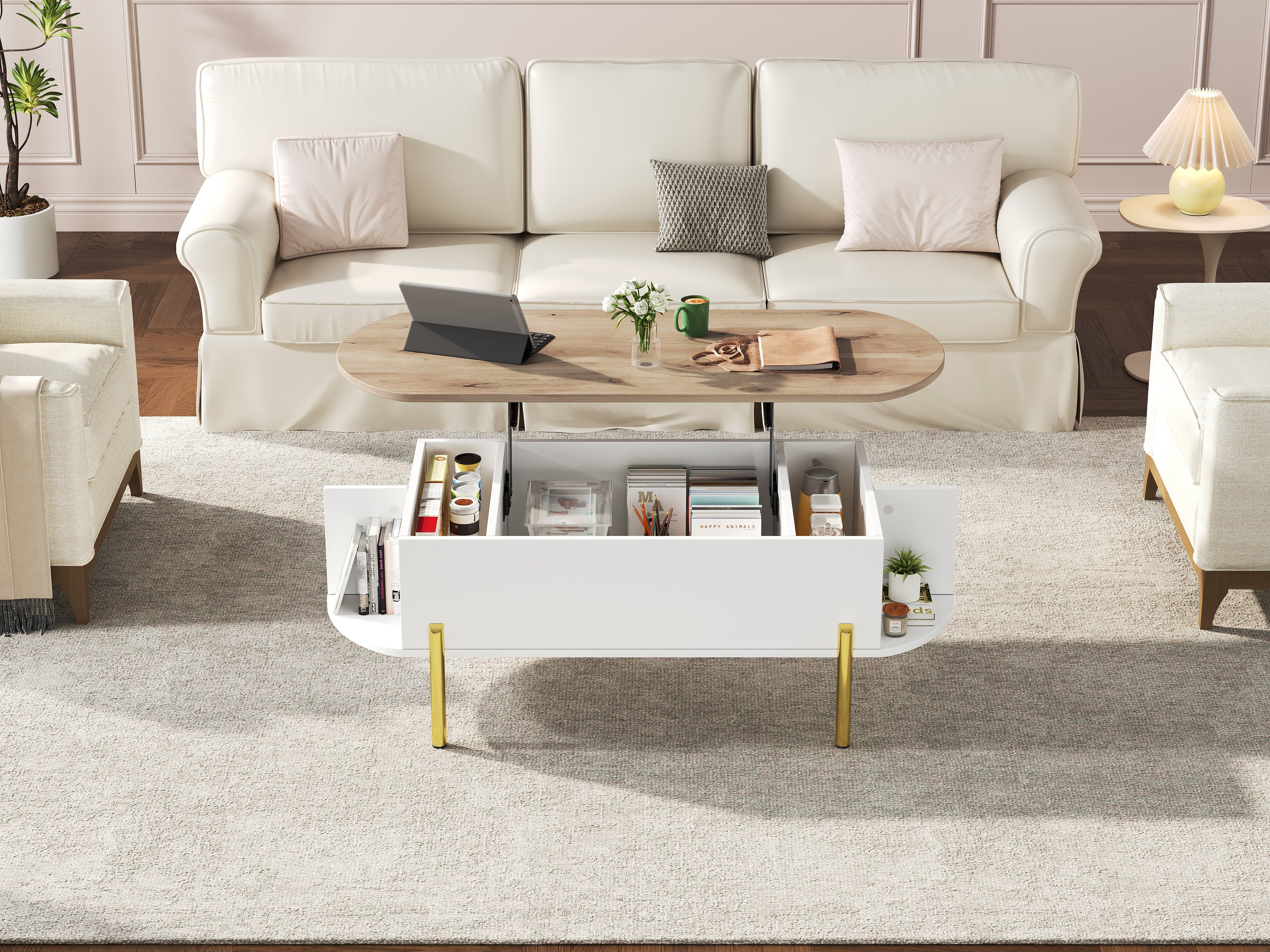 Logidon Verstelbare Salontafel 120x50x43 cm Met Opbergruimte Wit Hout