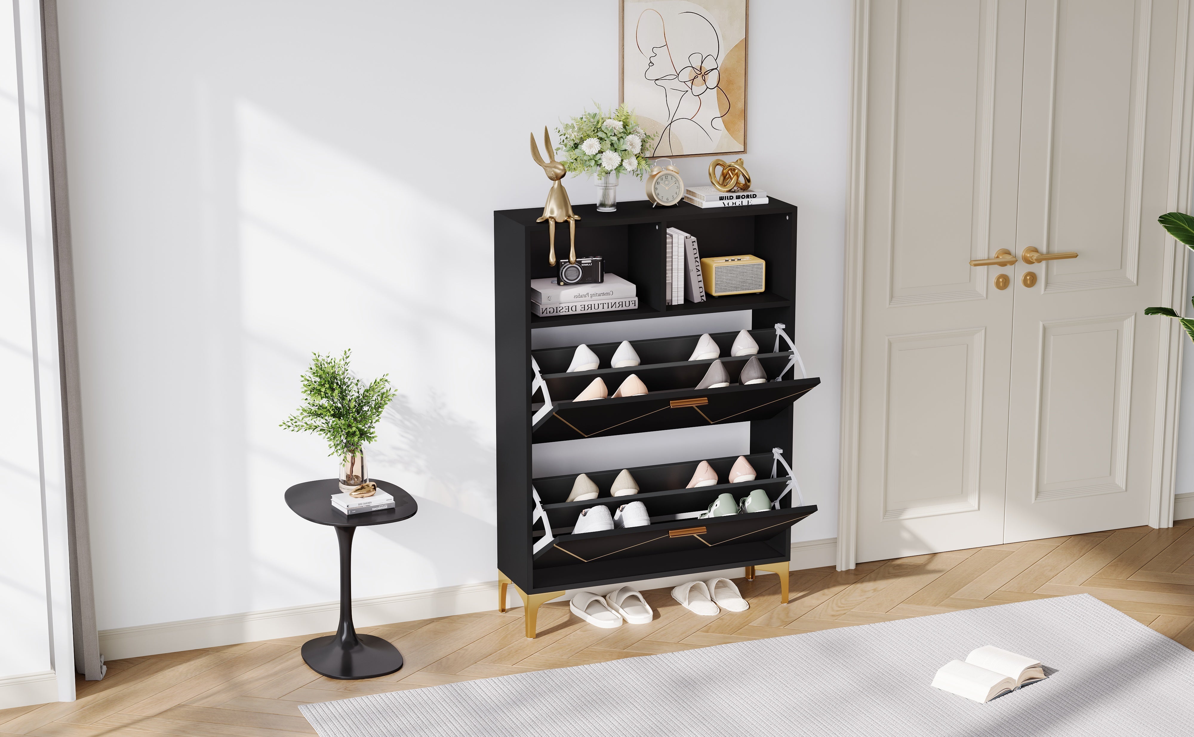Logidon shoe cabinet 80x25x117 cm black with folding doors and four shoe shelves