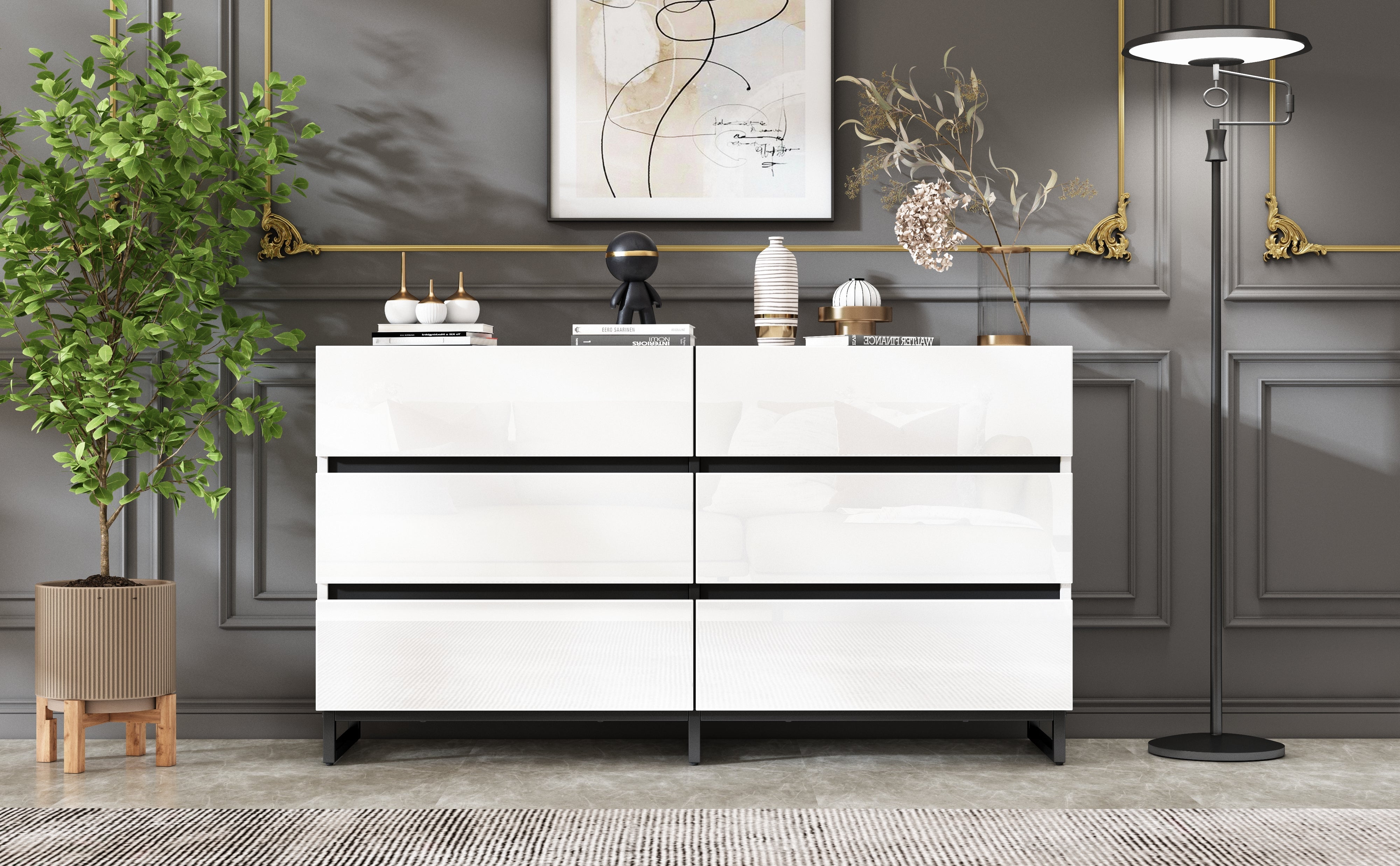 Logidon dressoir 140 cm hoogglans wit zwart met 6 lades