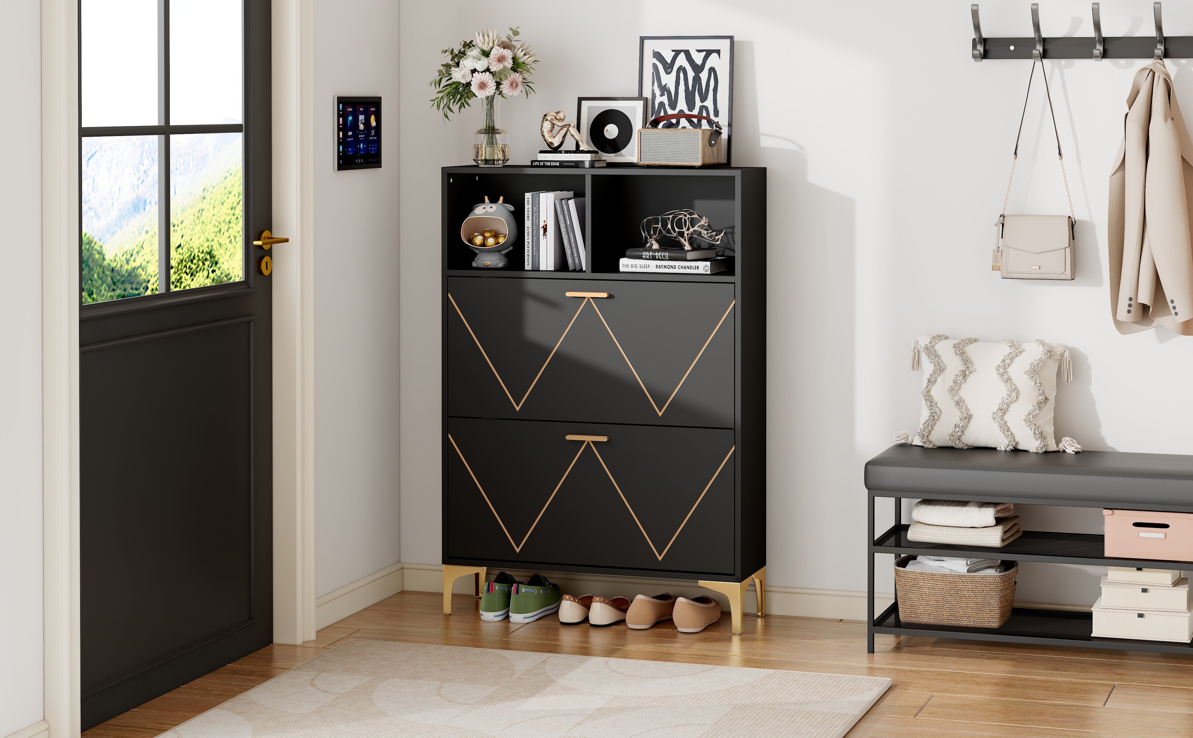 Logidon shoe cabinet 80x25x117 cm black with folding doors and four shoe shelves