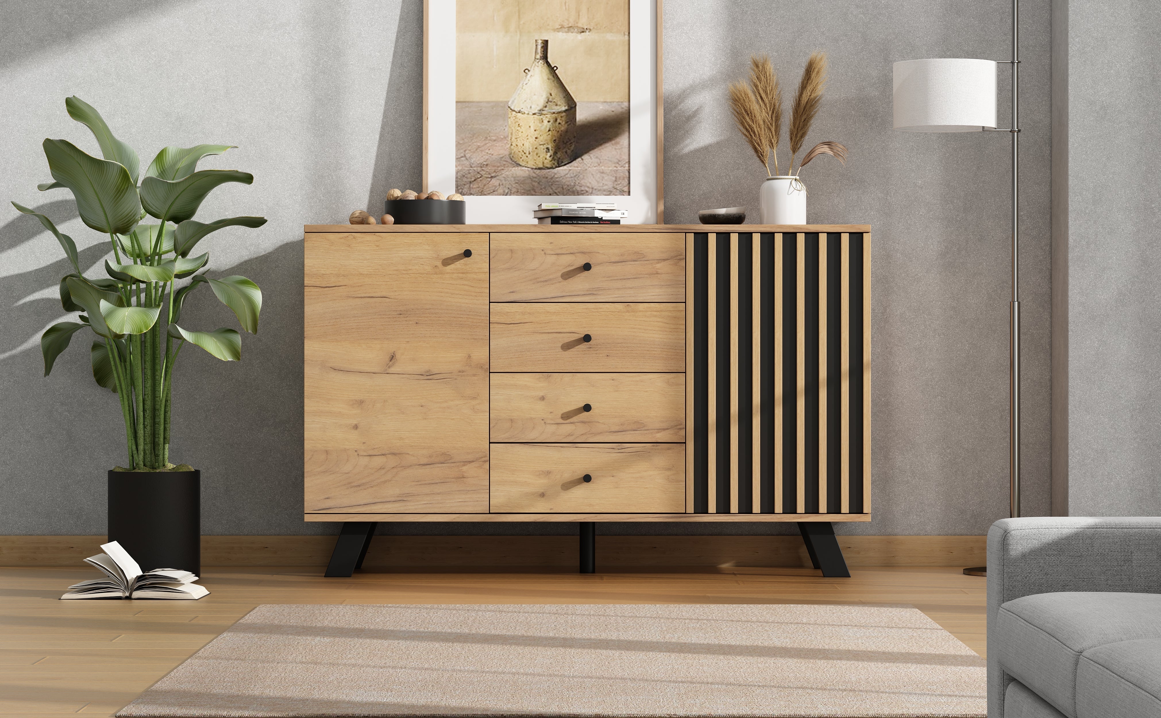 Logidon sideboard 120x38x75cm 4 drawers 2 doors hollow design