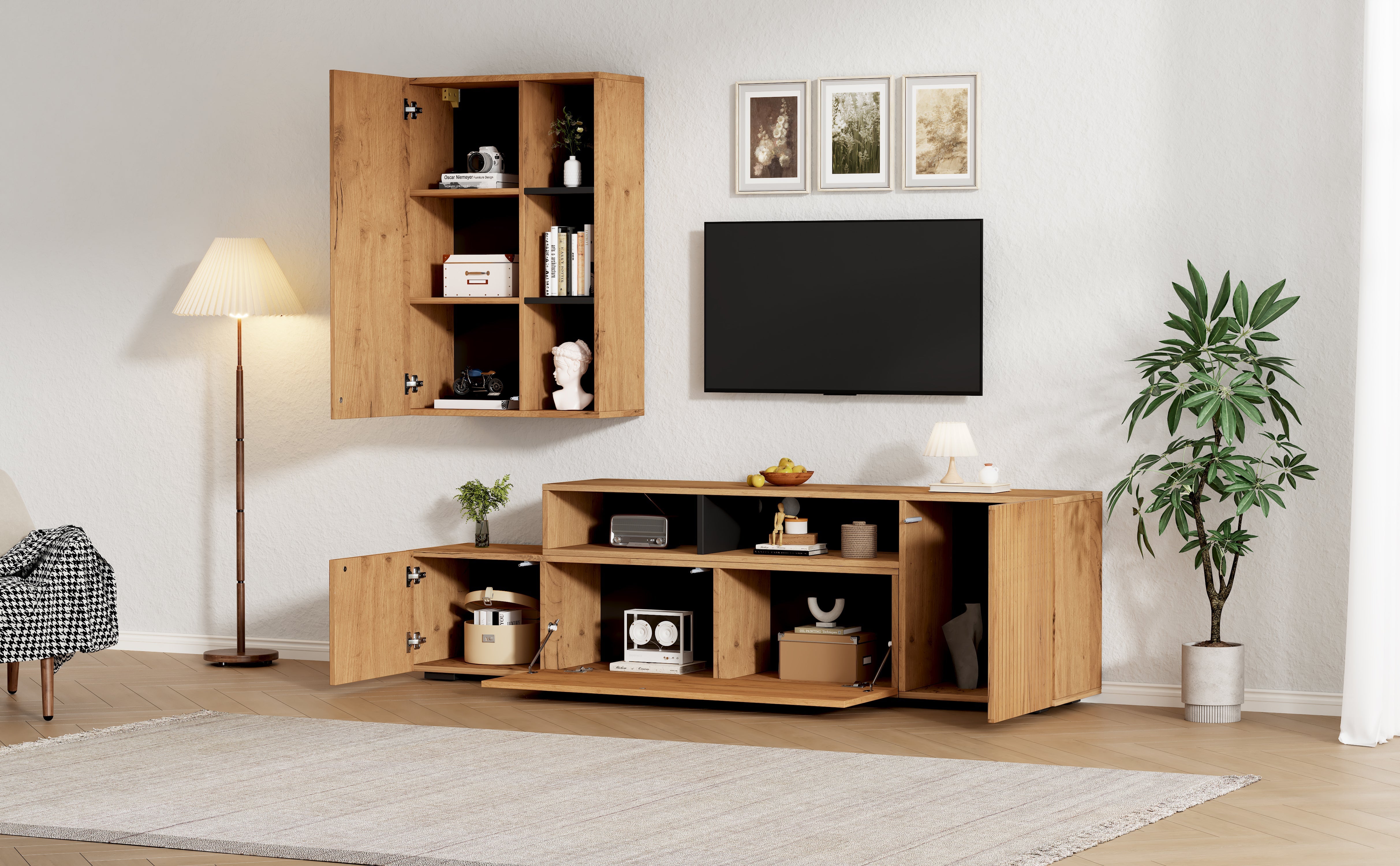 Logidon TV wall unit set display case two parts up to 265 cm oak black