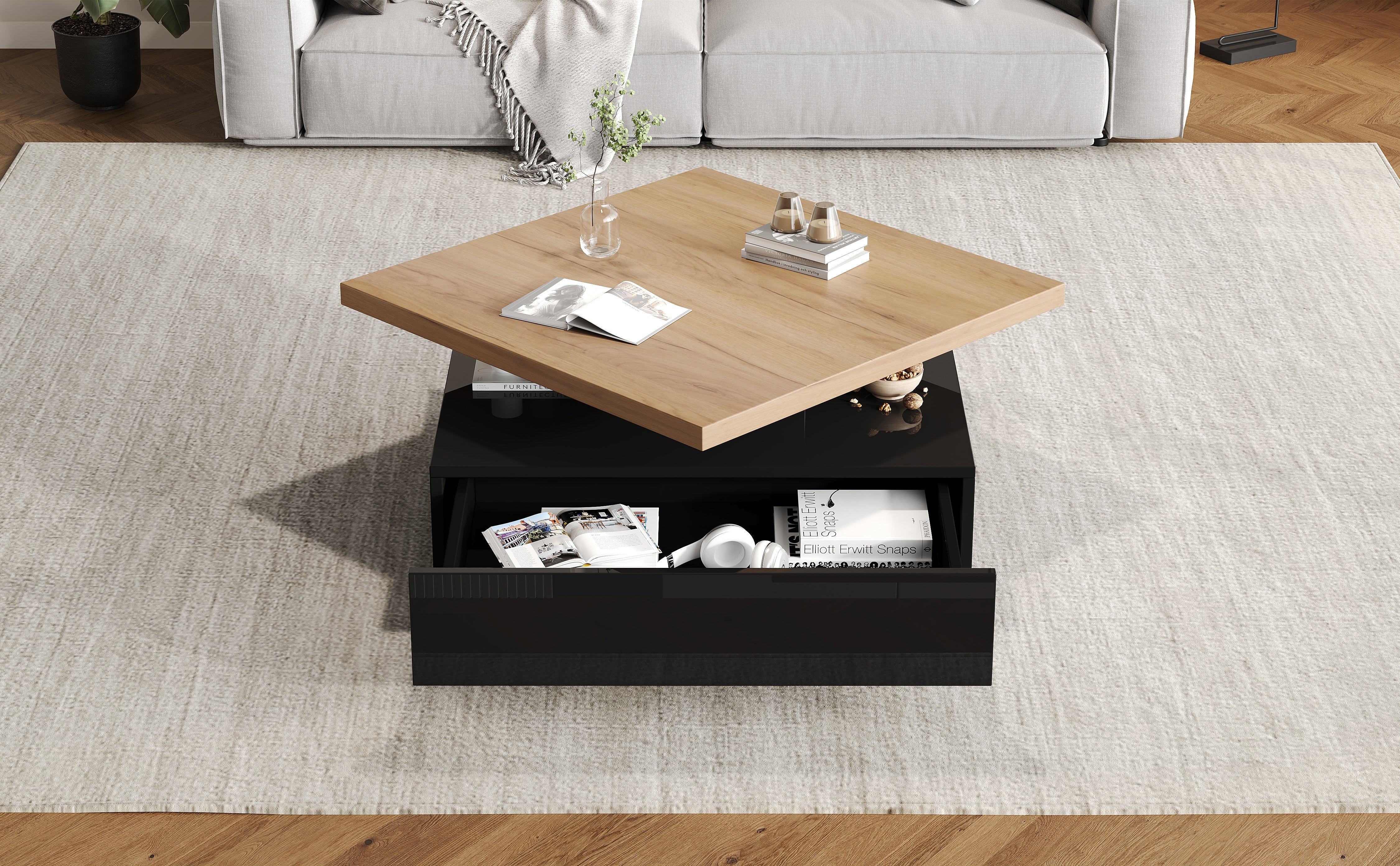 Logidon Vierkante Draaibare Salontafel 70x70 cm Bruin 360 graden