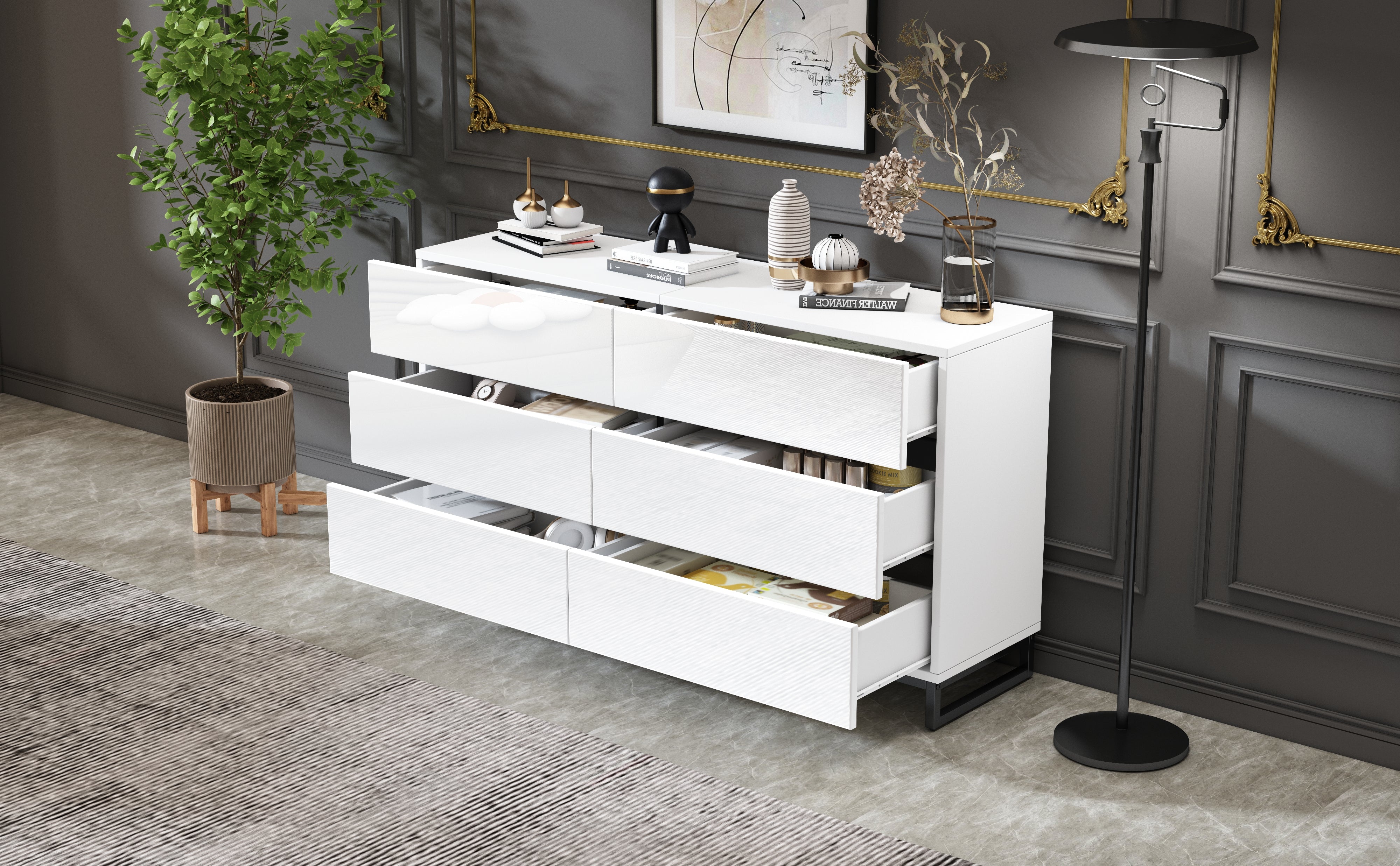 Logidon dressoir 140 cm hoogglans wit zwart met 6 lades