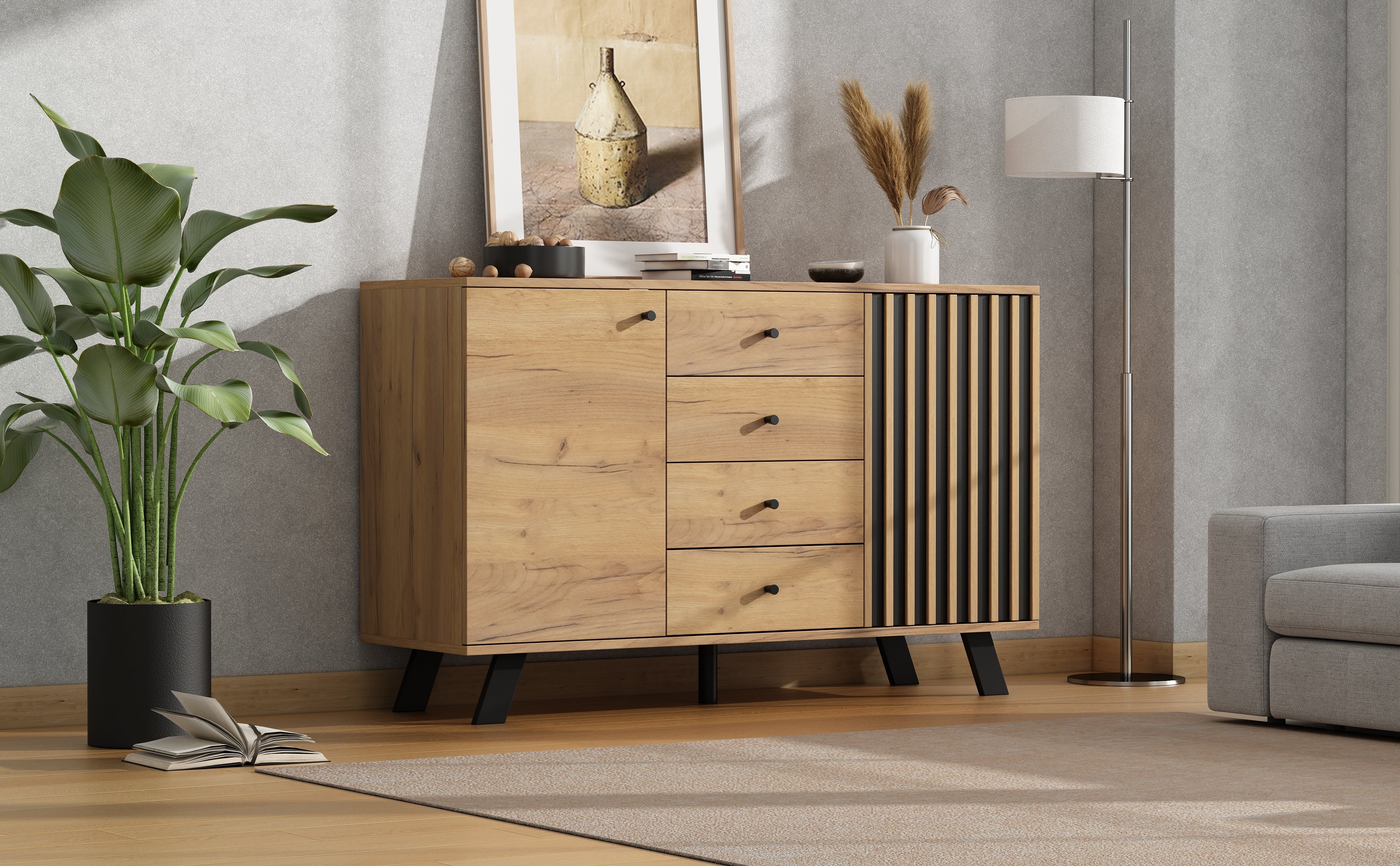 Logidon sideboard 120x38x75cm 4 drawers 2 doors hollow design