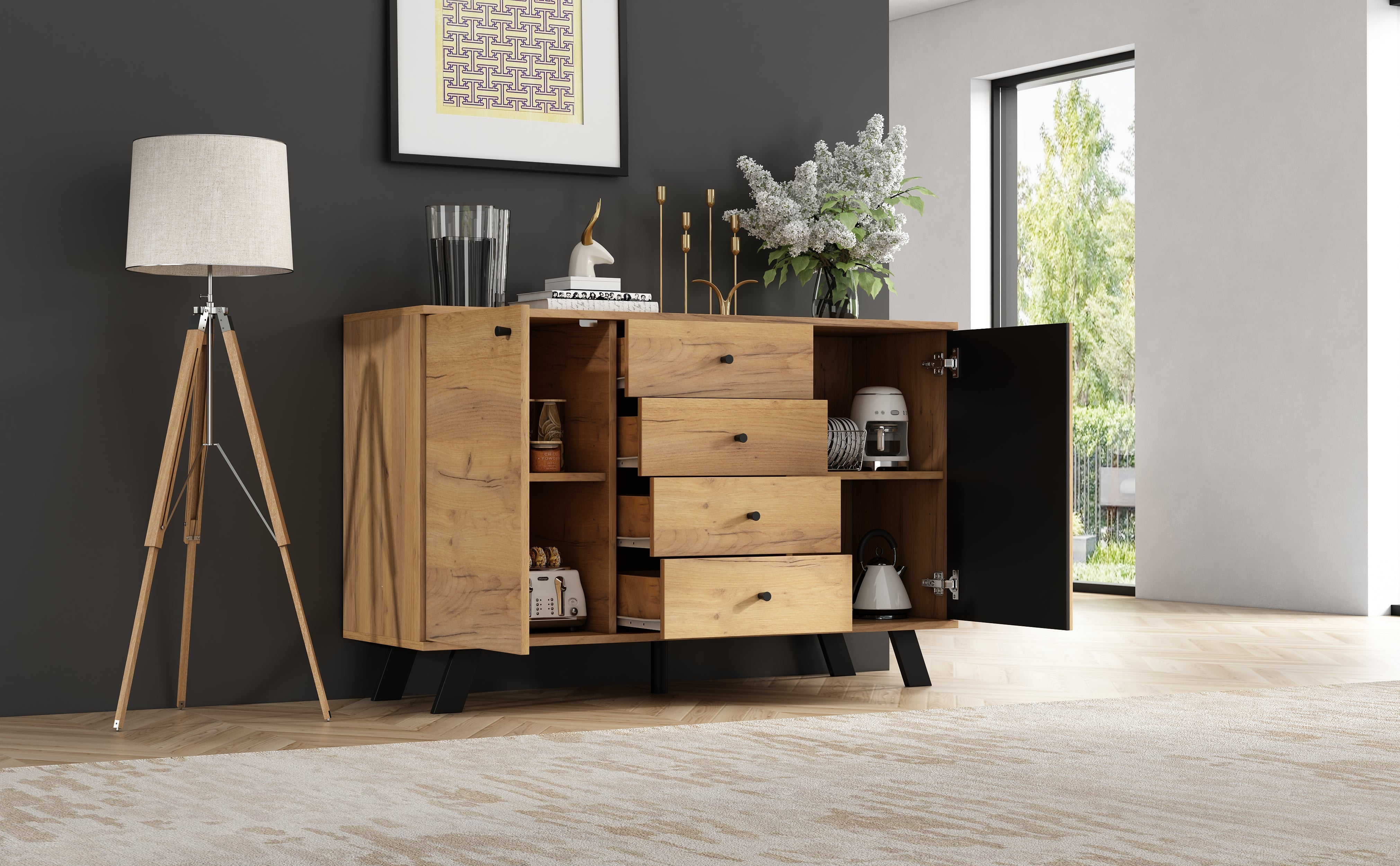 Logidon sideboard 120x38x75cm 4 drawers 2 doors hollow design