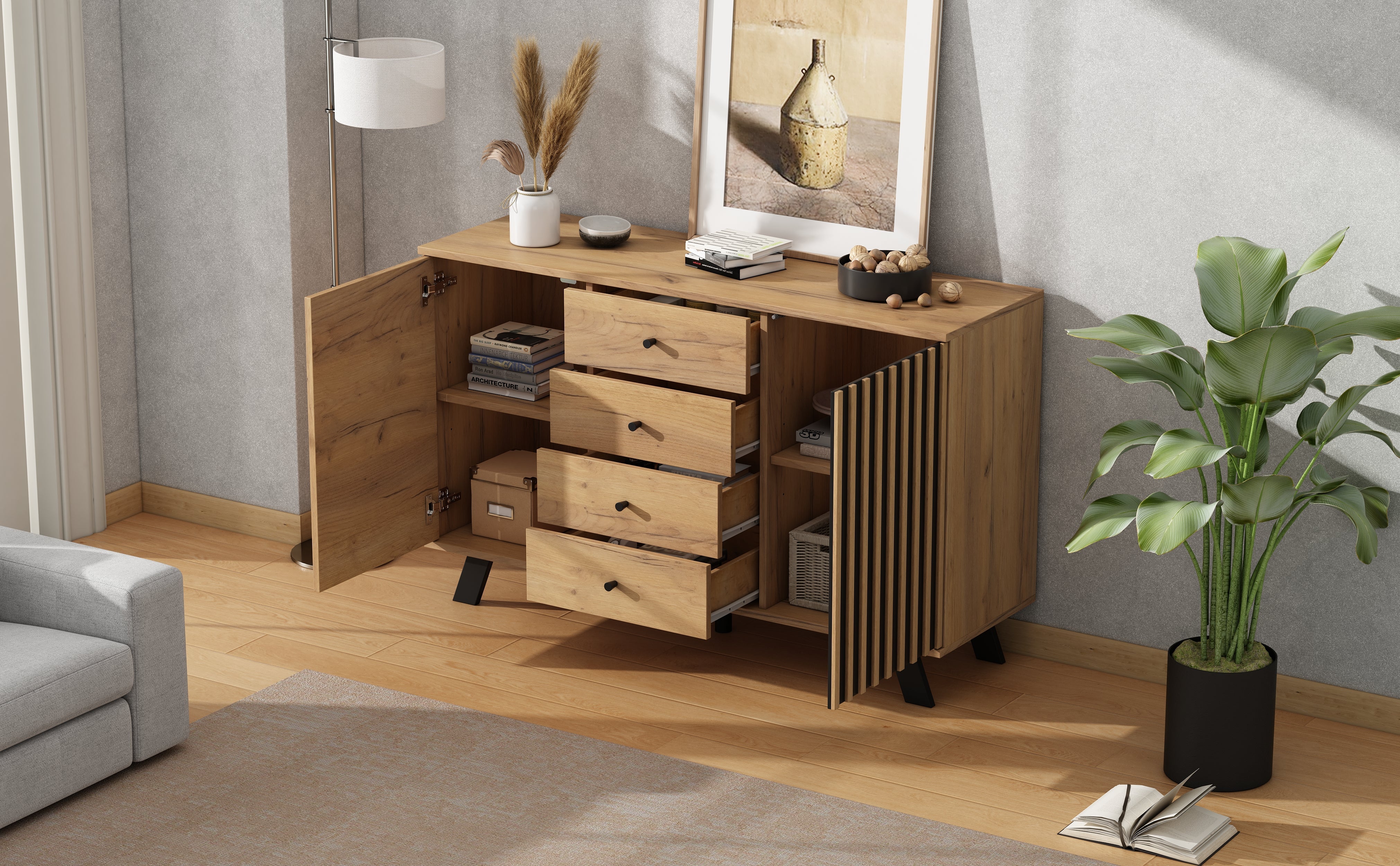 Logidon sideboard 120x38x75cm 4 drawers 2 doors hollow design