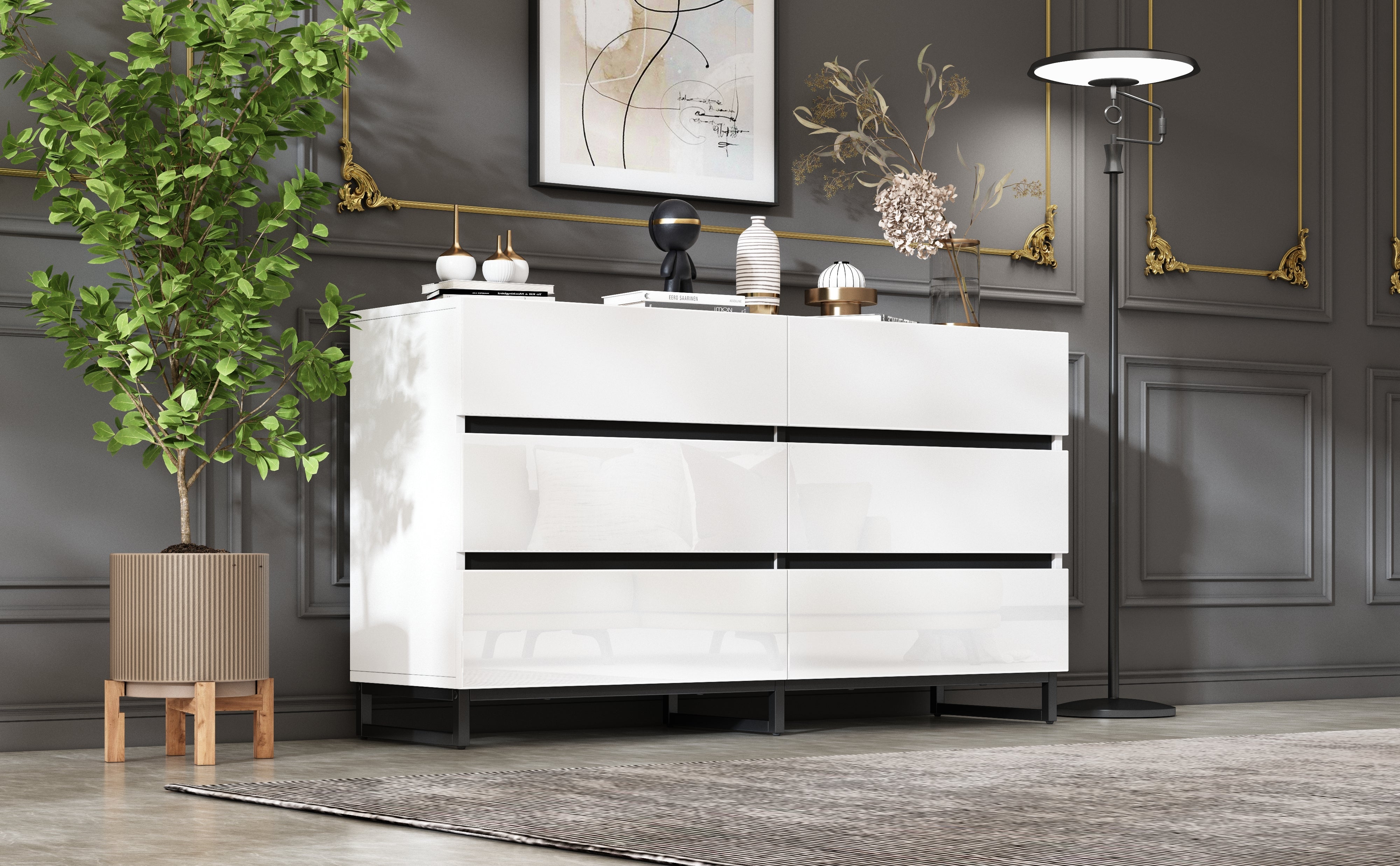 Logidon dressoir 140 cm hoogglans wit zwart met 6 lades
