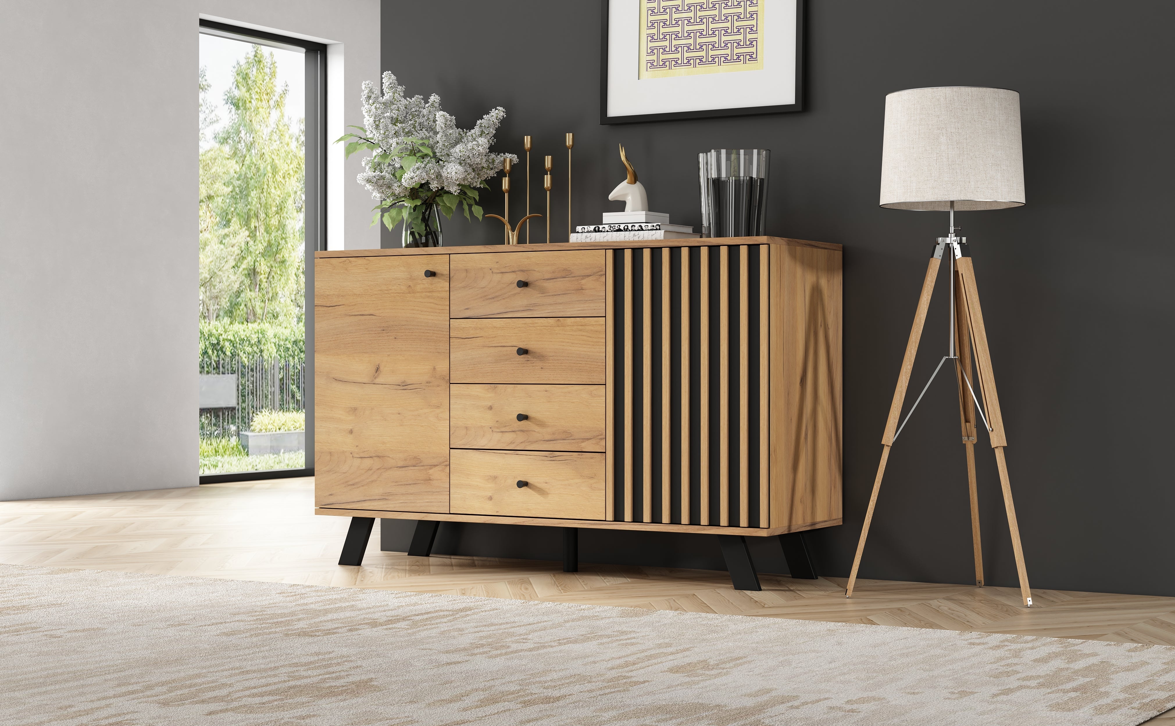 Logidon sideboard 120x38x75cm 4 drawers 2 doors hollow design