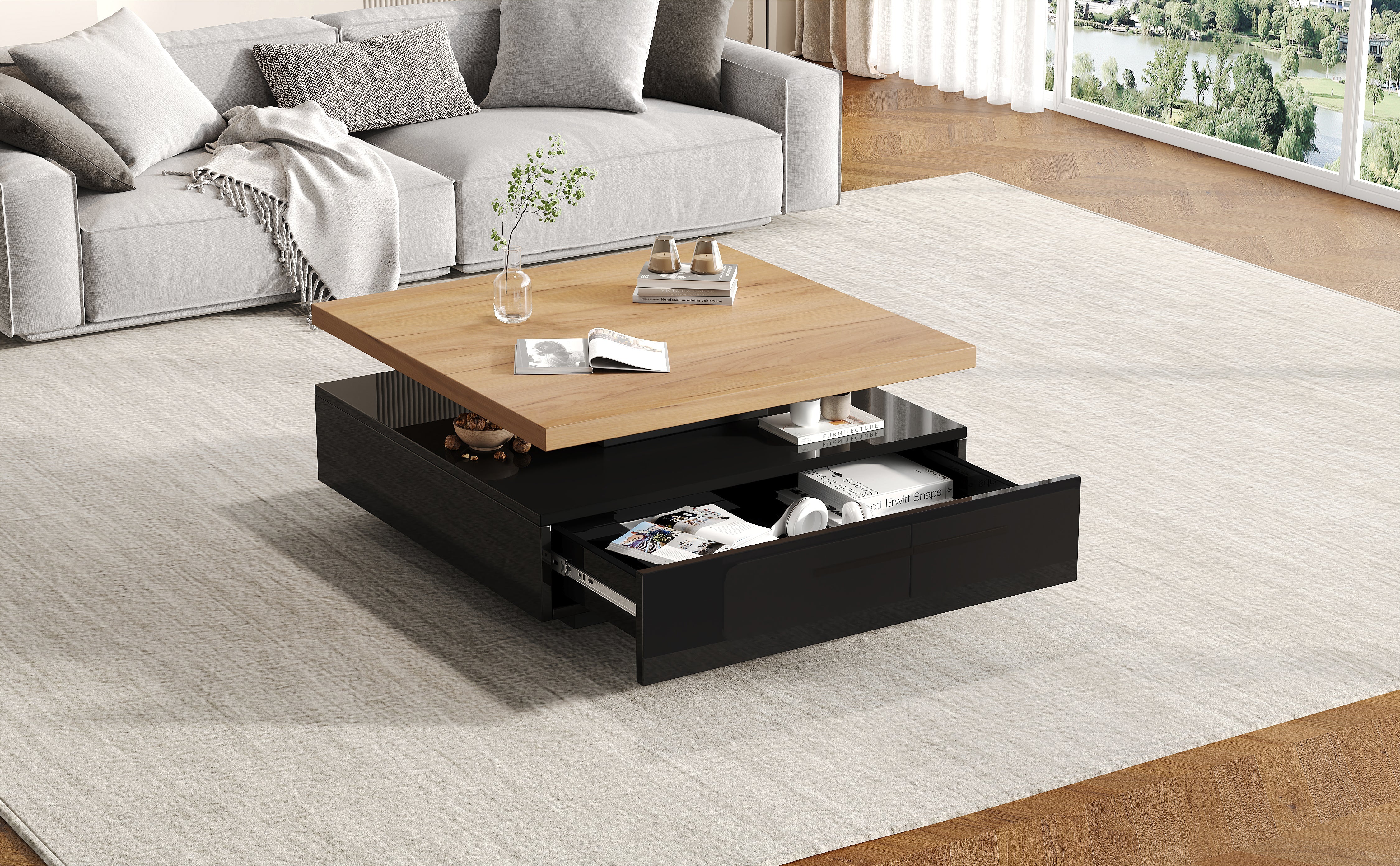 Logidon Vierkante Draaibare Salontafel 70x70 cm Bruin 360 graden
