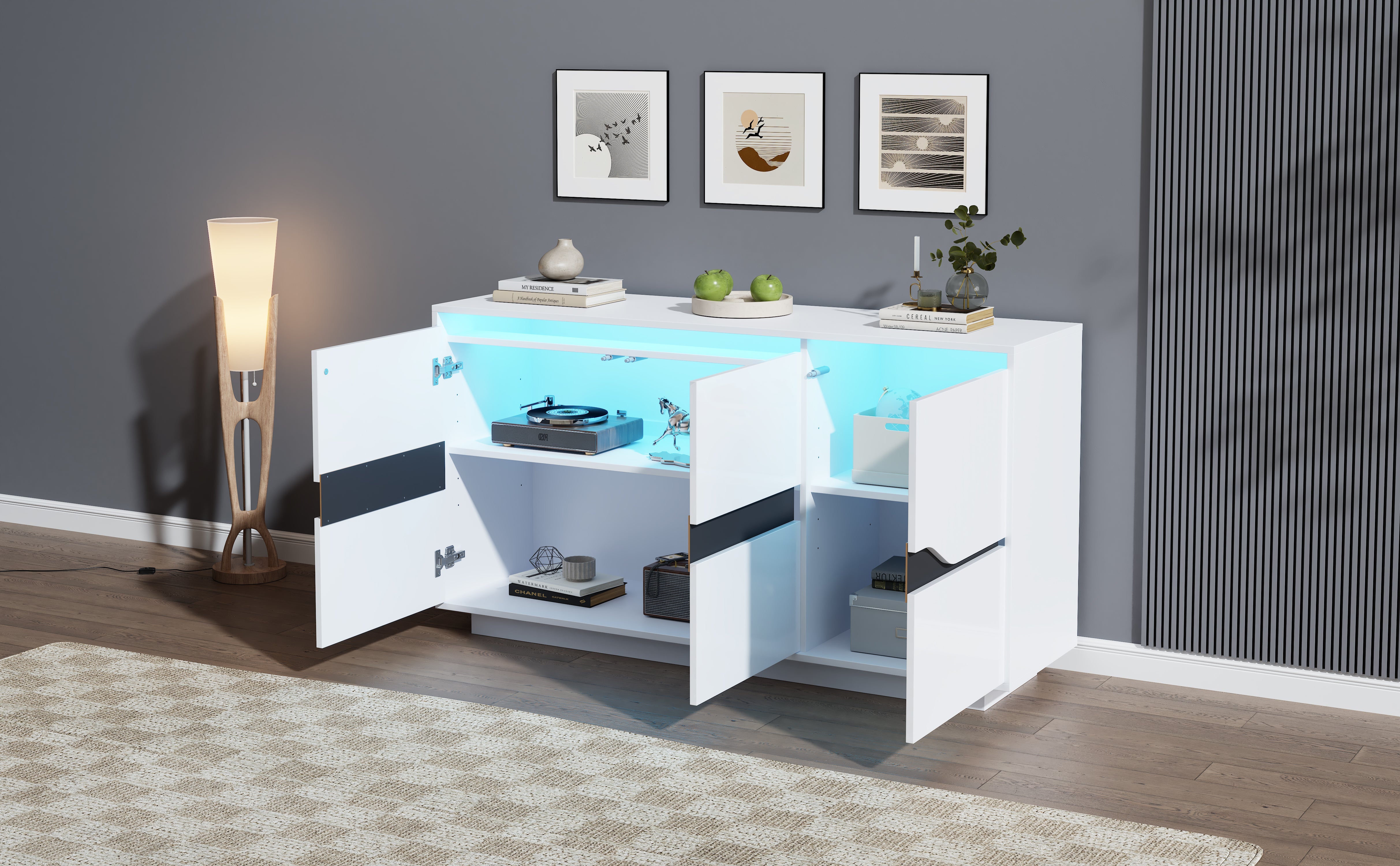 Logidon Sideboard 140x40x76 Cm White Black With 3 Doors LED