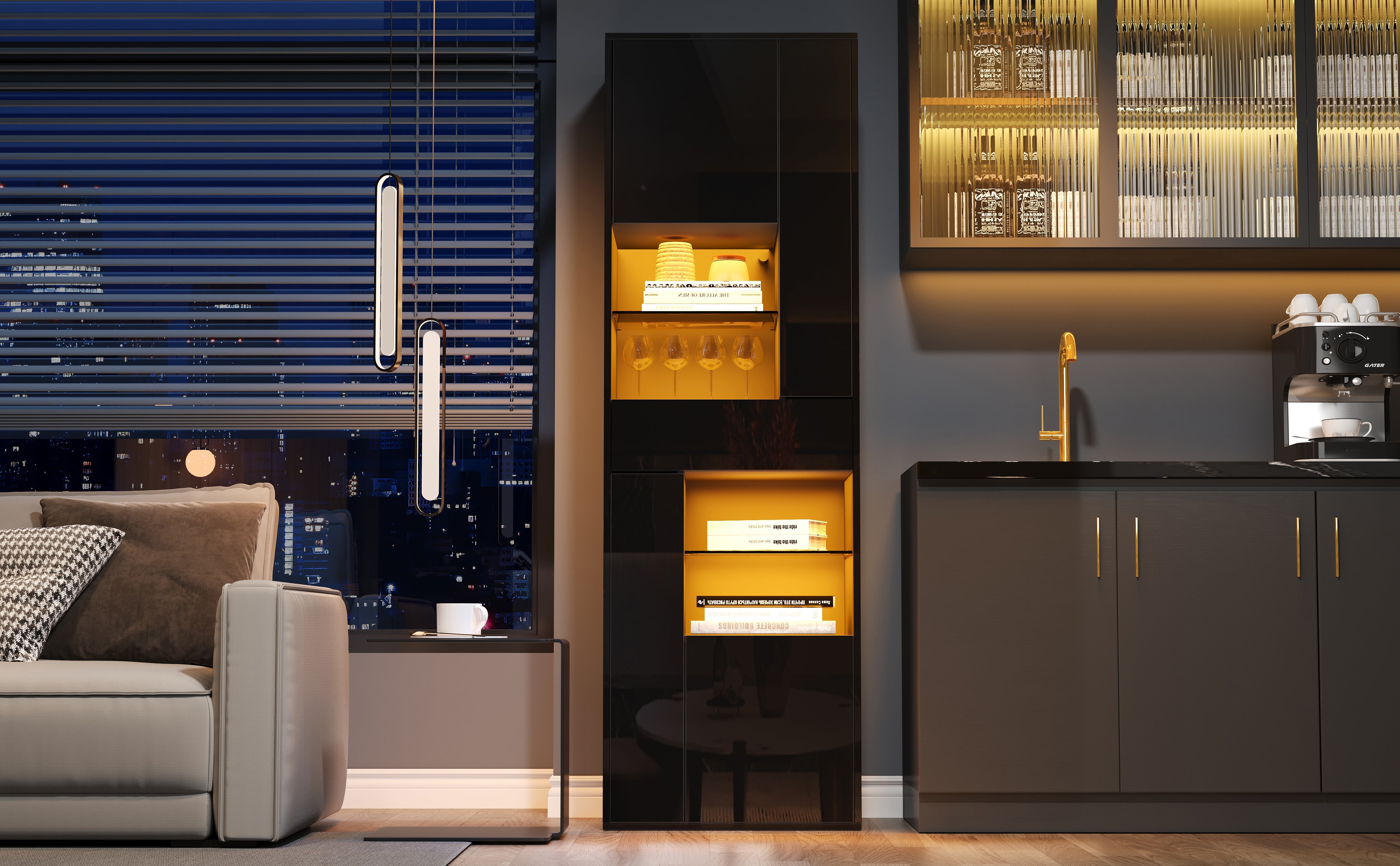 Logidon zwarte hoogglans glazen vitrine 55 x 38 x 170 cm LED-verlichting