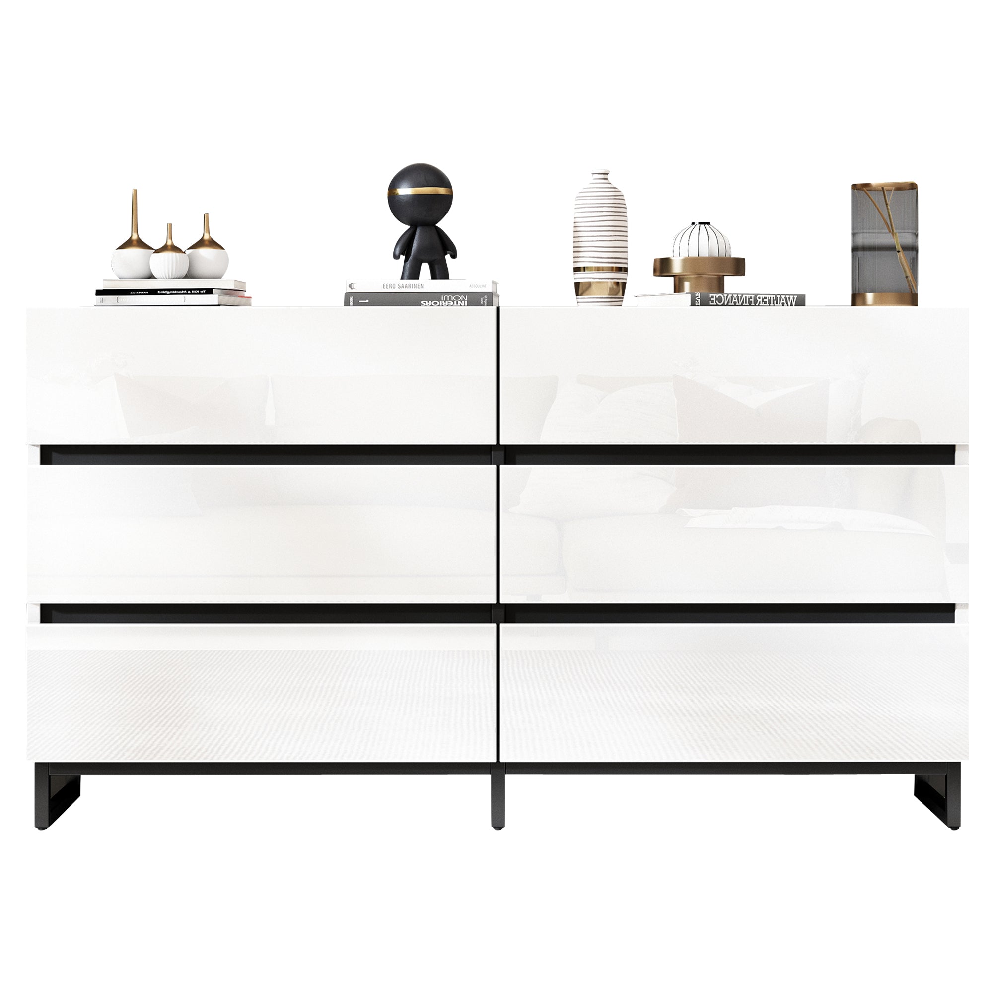 Logidon dressoir 140 cm hoogglans wit zwart met 6 lades